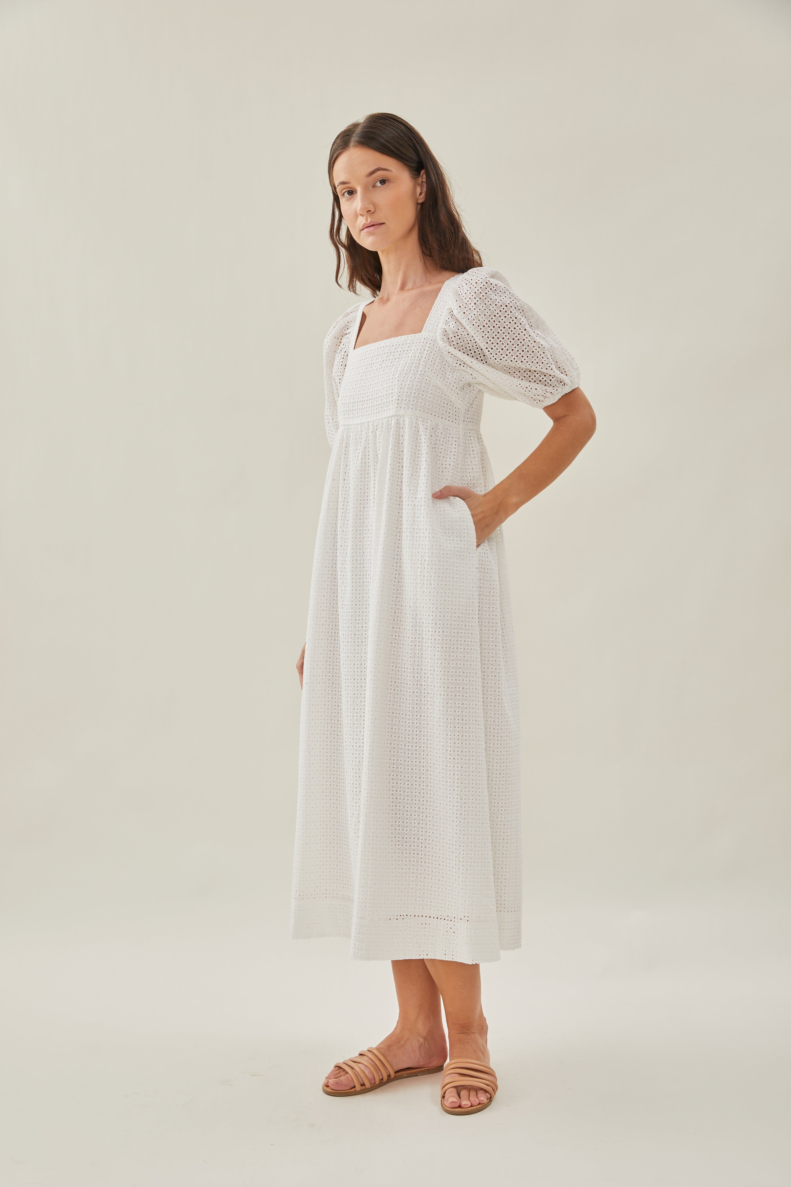 Maha Crochet Square Neck Midi Dress in White