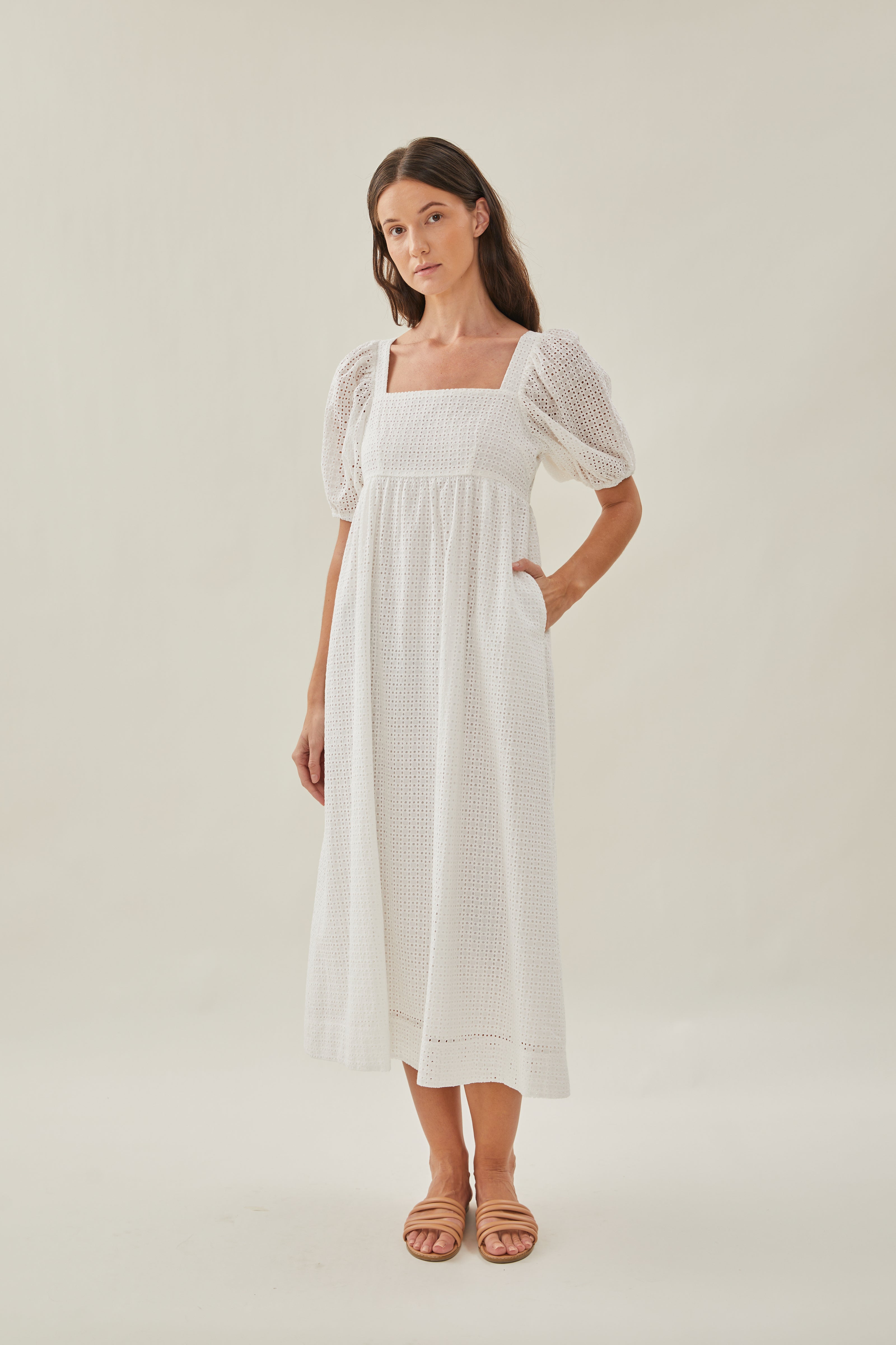 Maha Crochet Square Neck Midi Dress in White