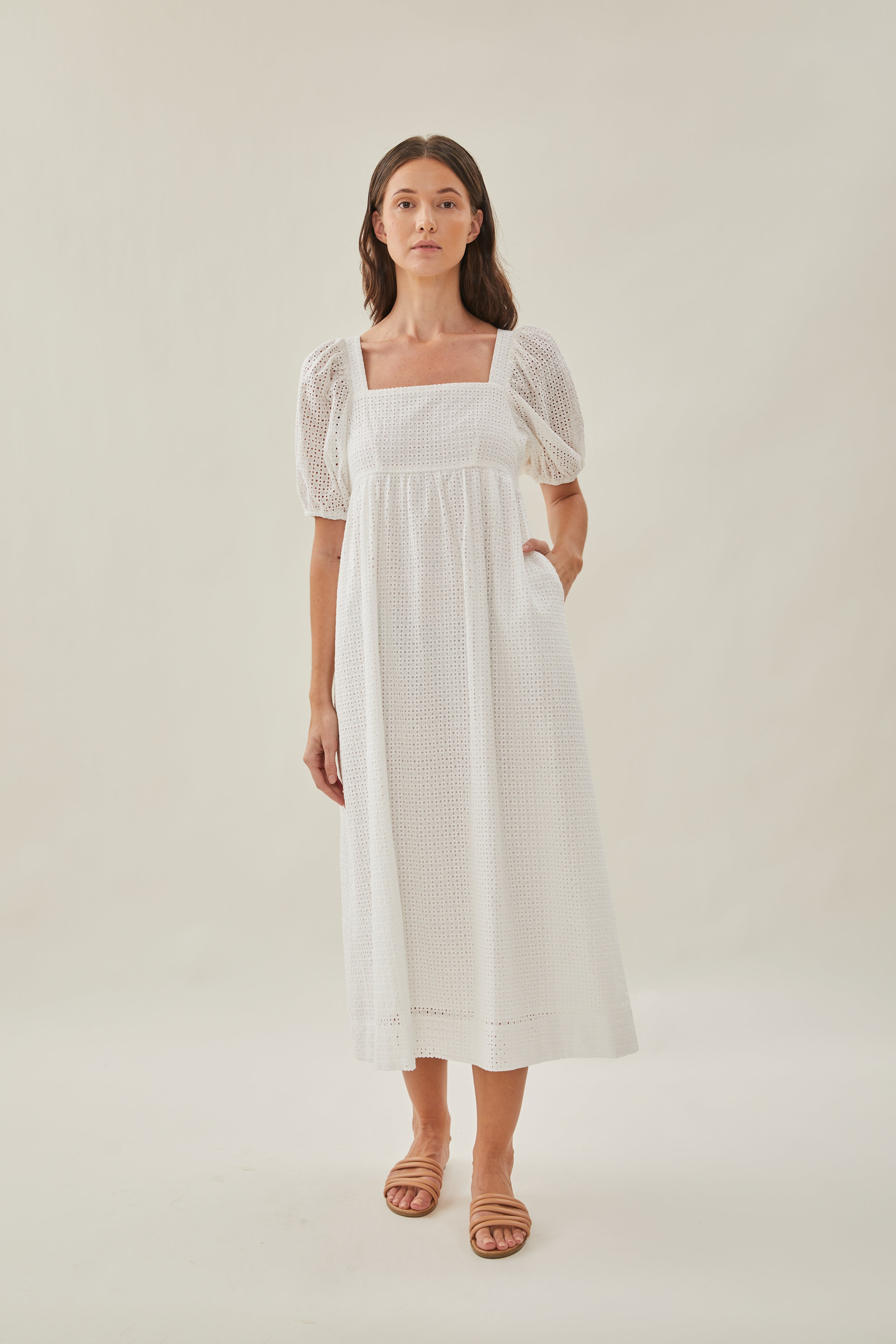 Maha Crochet Square Neck Midi Dress in White