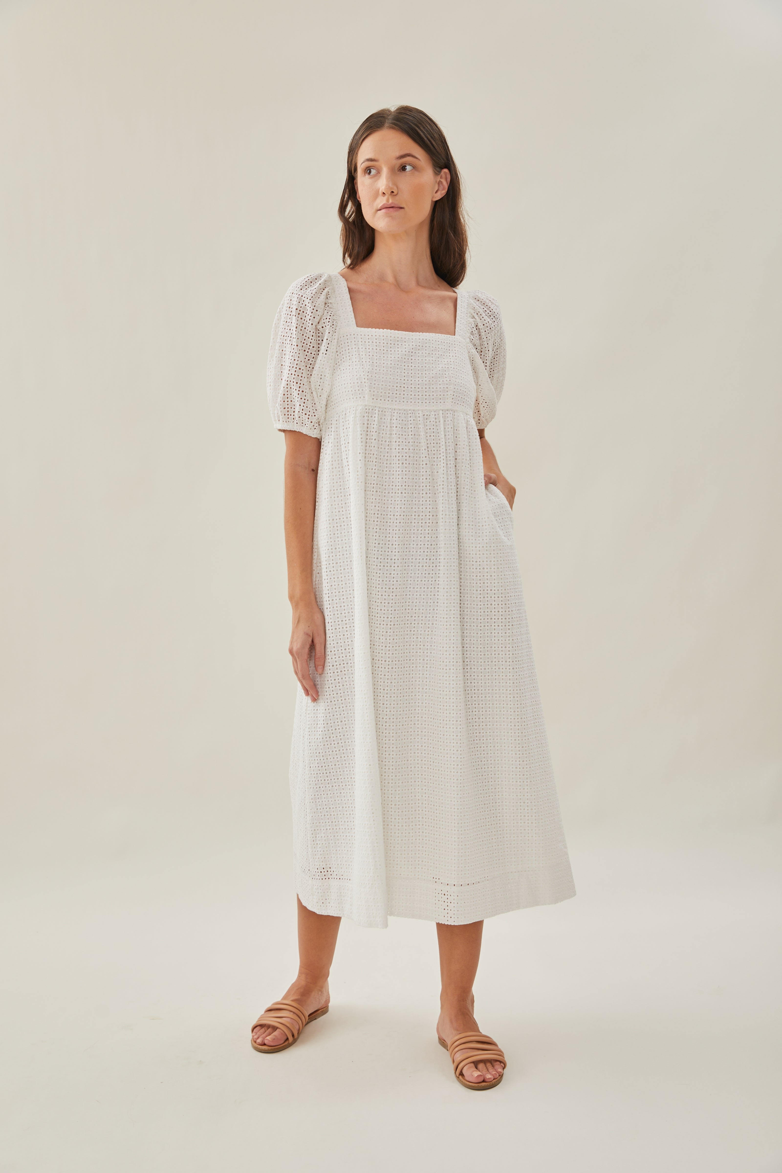 Maha Crochet Square Neck Midi Dress in White