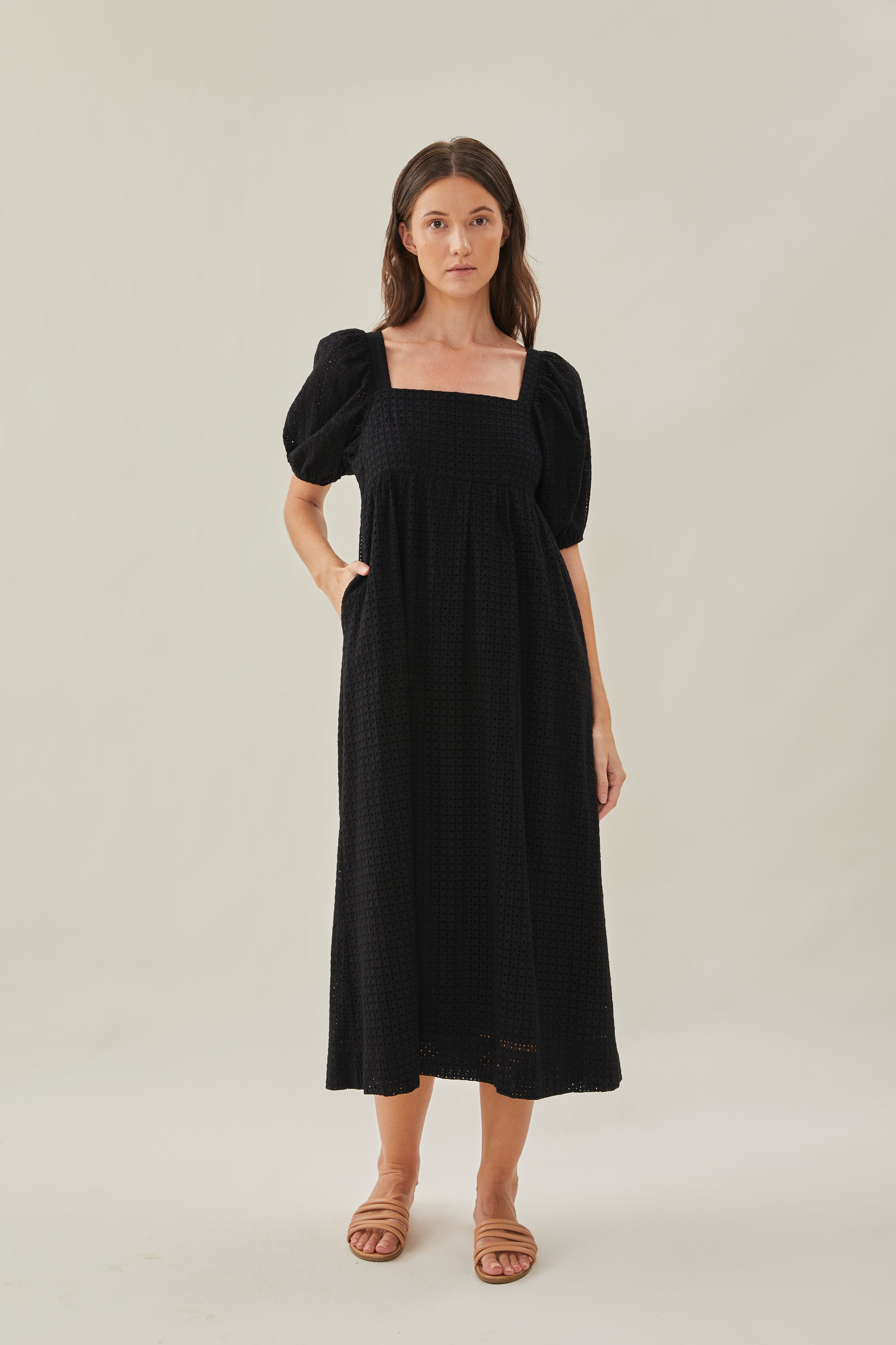 Maha Crochet Square Neck Midi Dress in Black