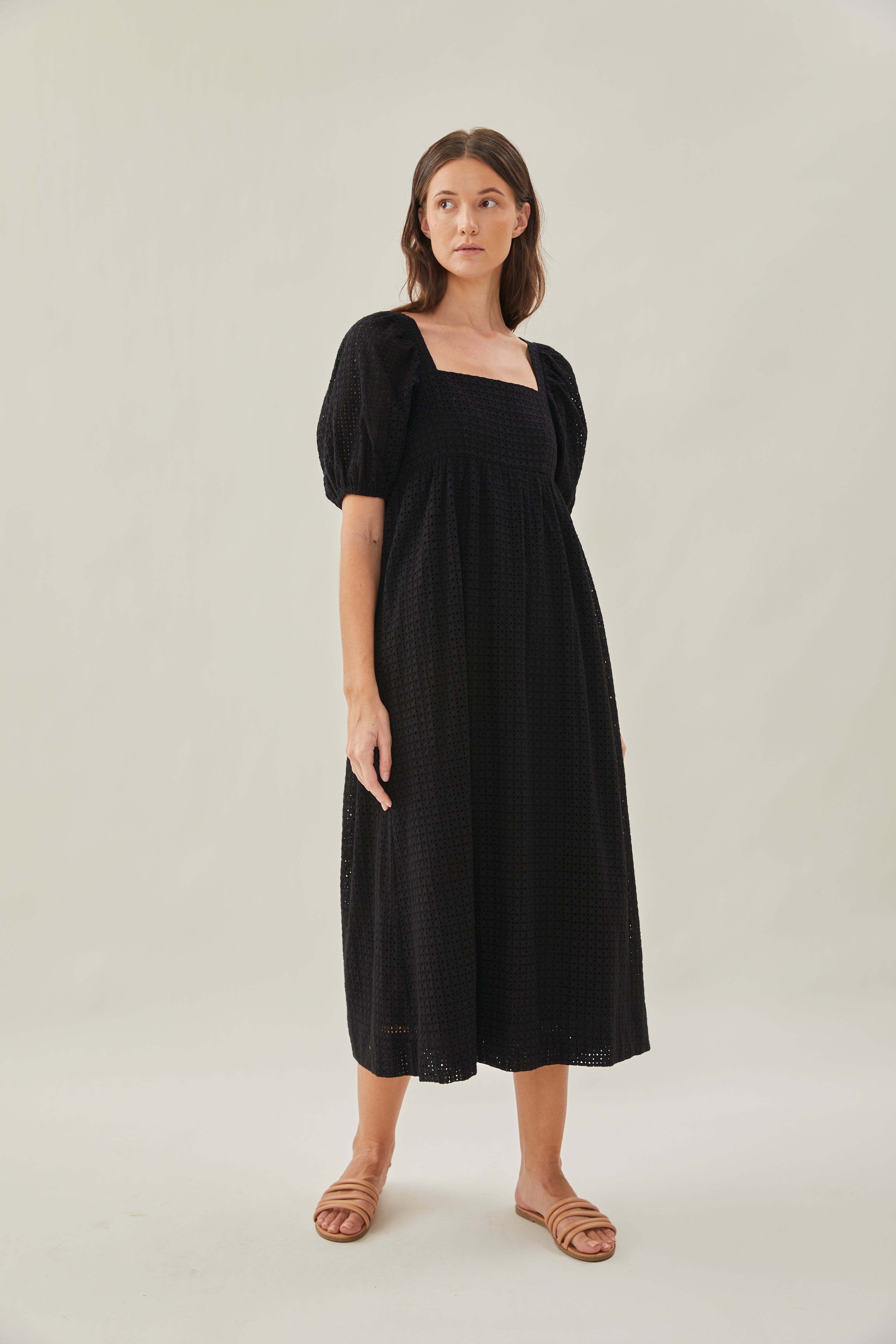 Maha Crochet Square Neck Midi Dress in Black