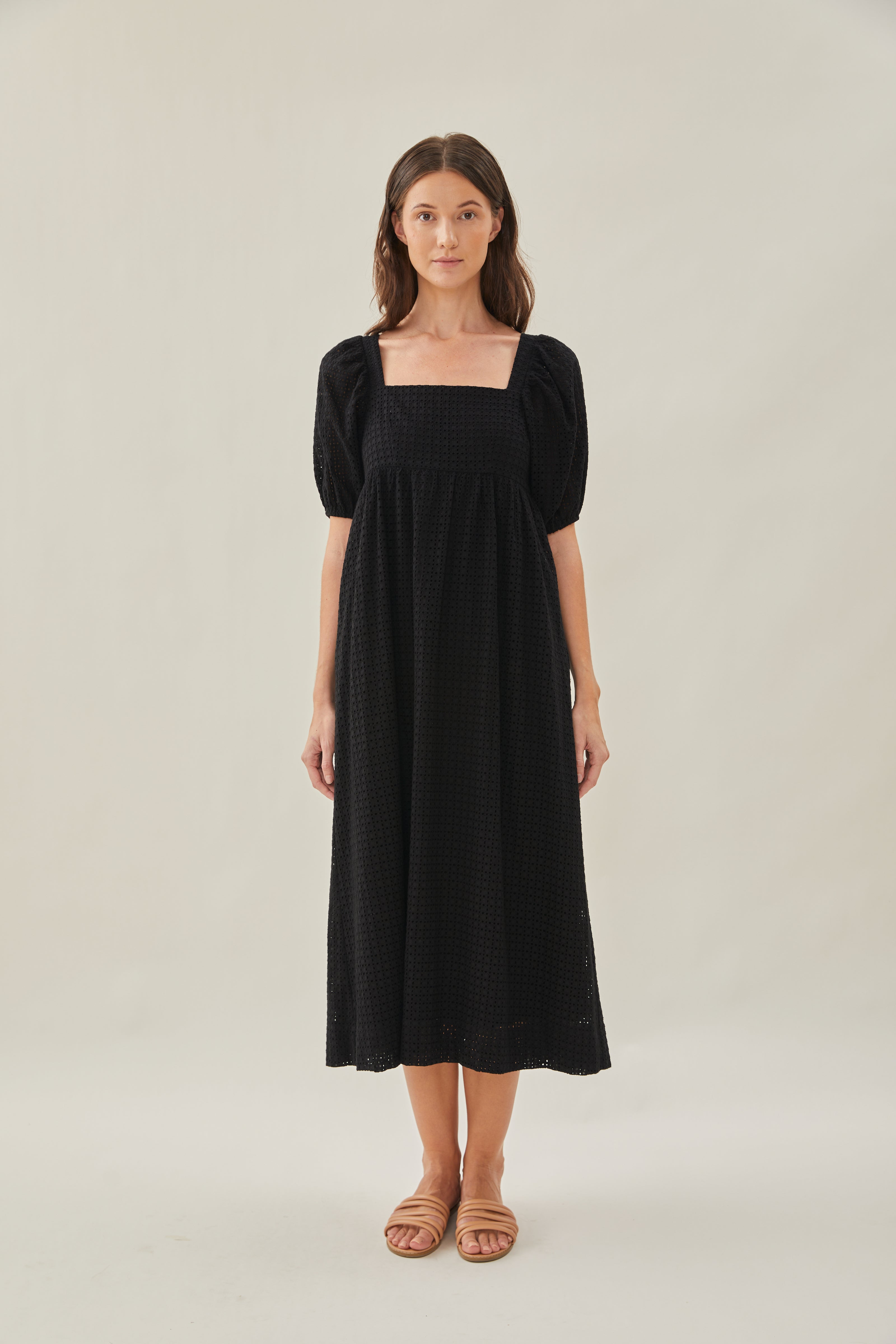 Maha Crochet Square Neck Midi Dress in Black