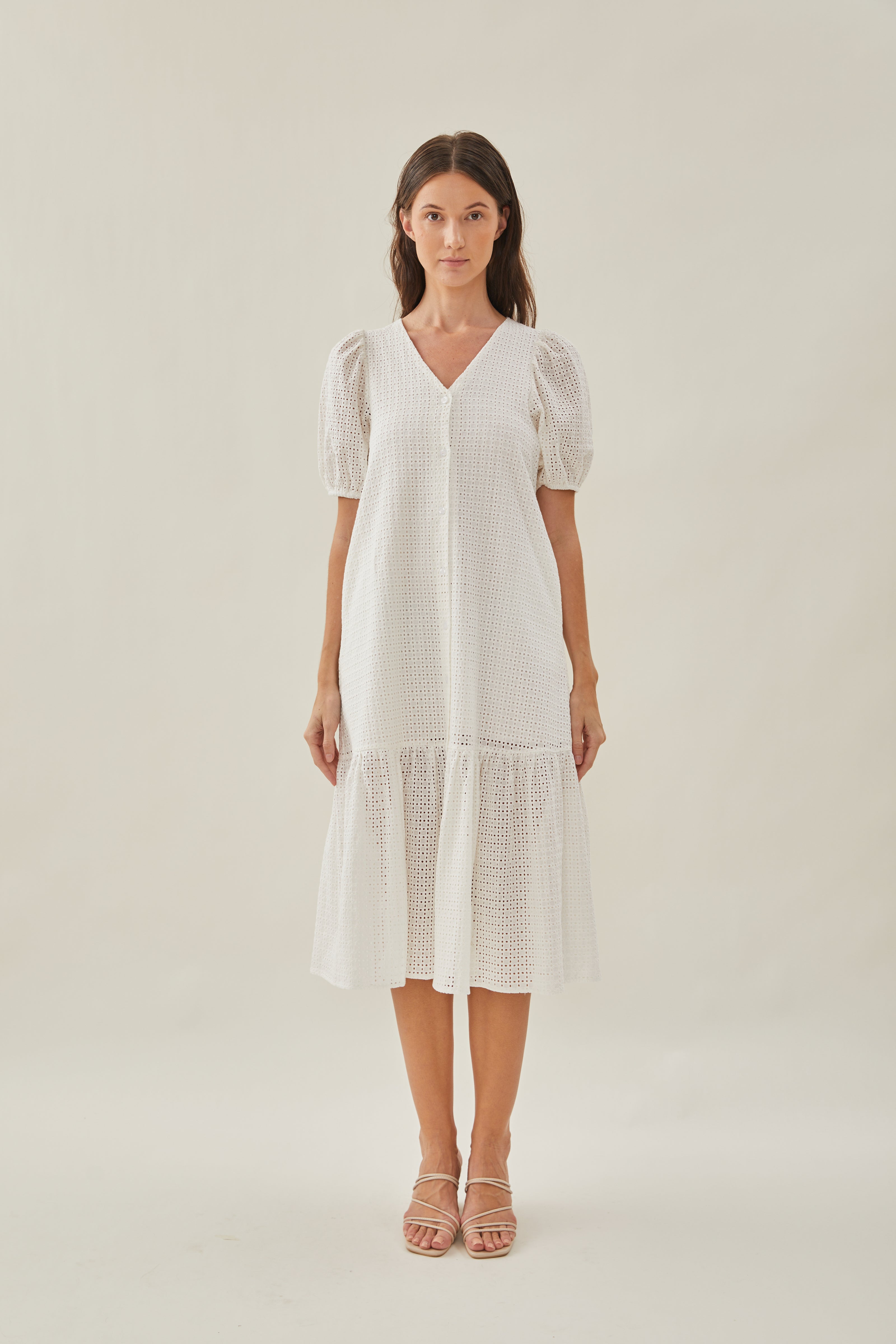 Maha Crochet Button Down Tiered Midi Dress