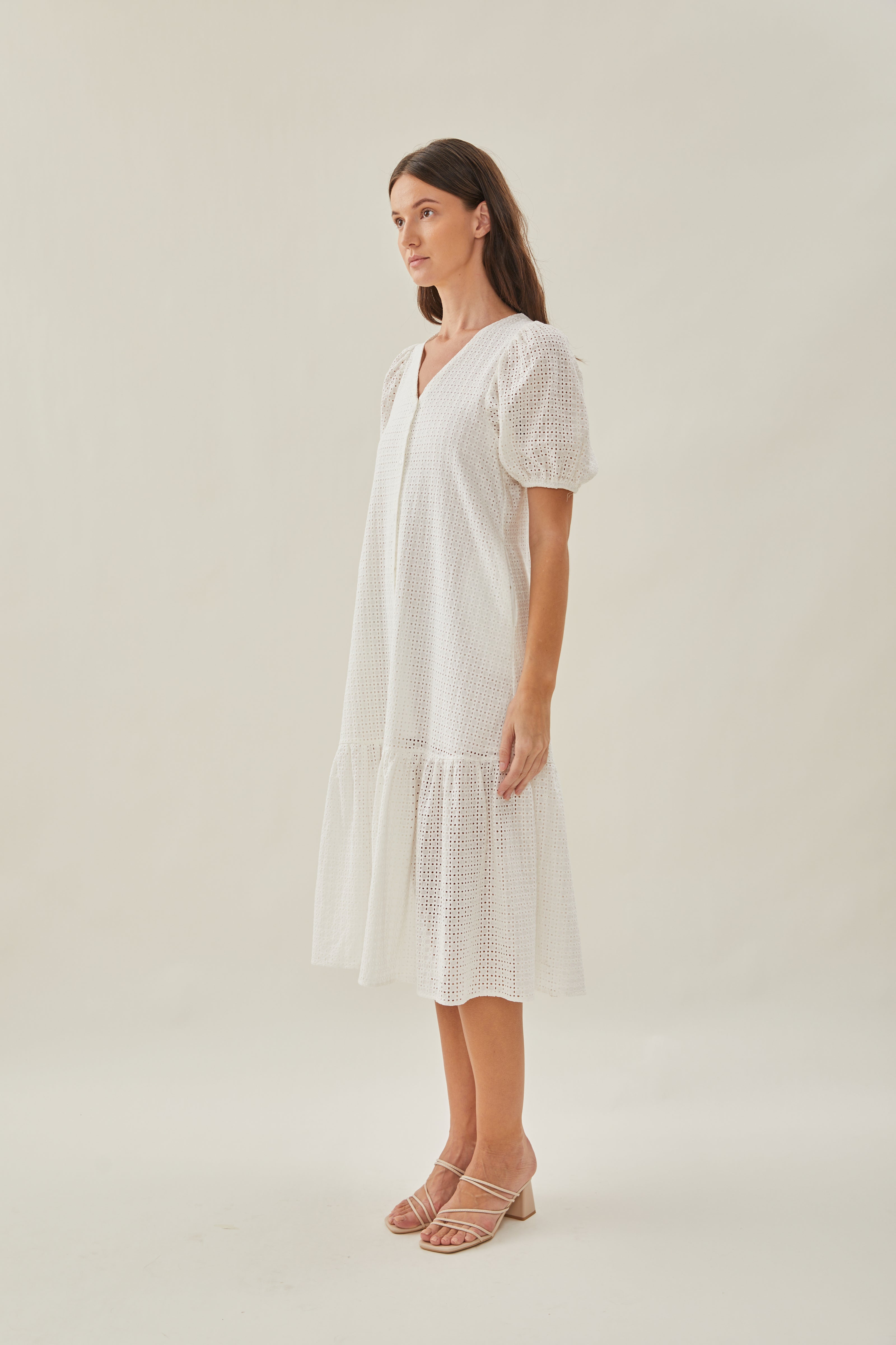 Maha Crochet Button Down Tiered Midi Dress