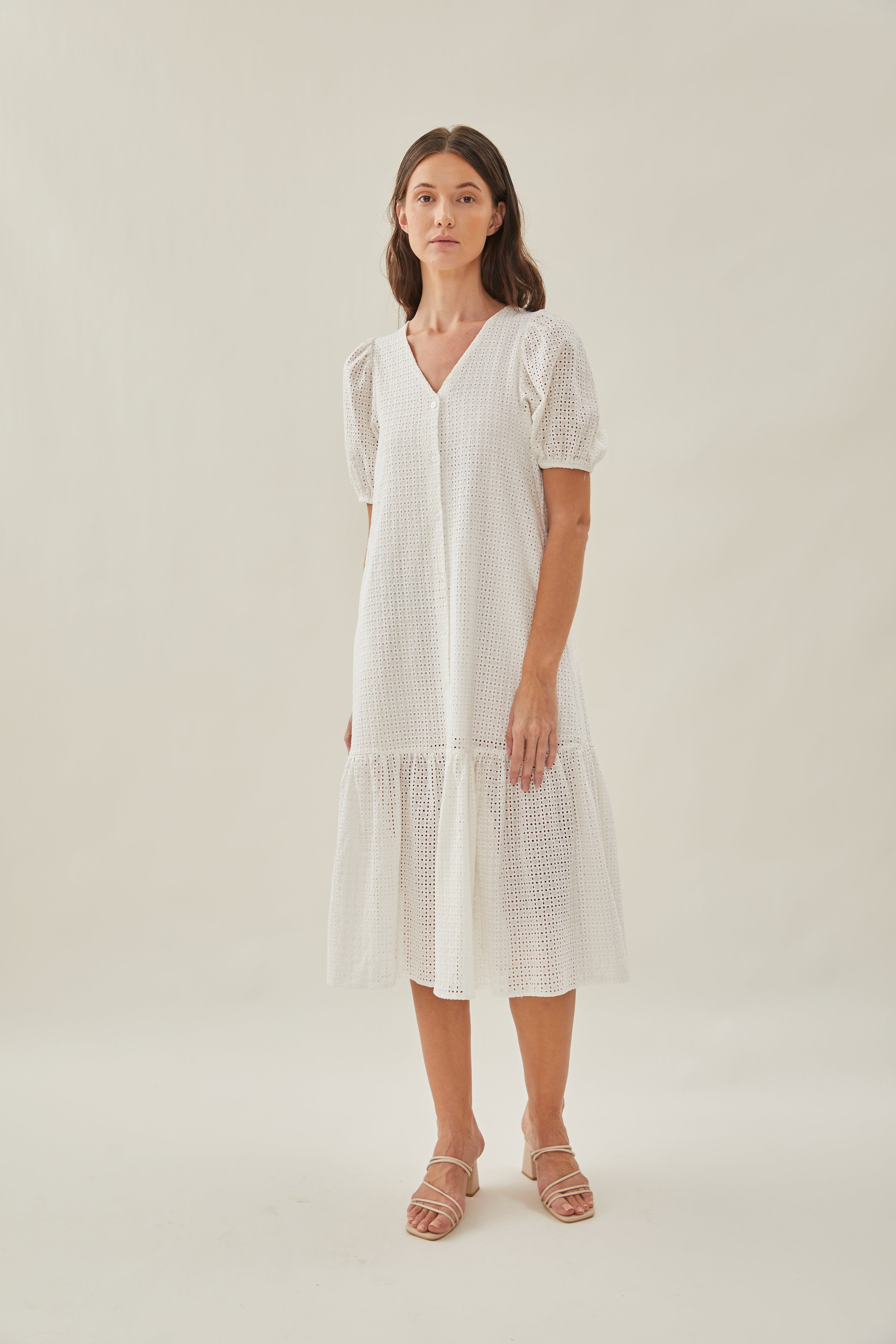 Maha Crochet Button Down Tiered Midi Dress