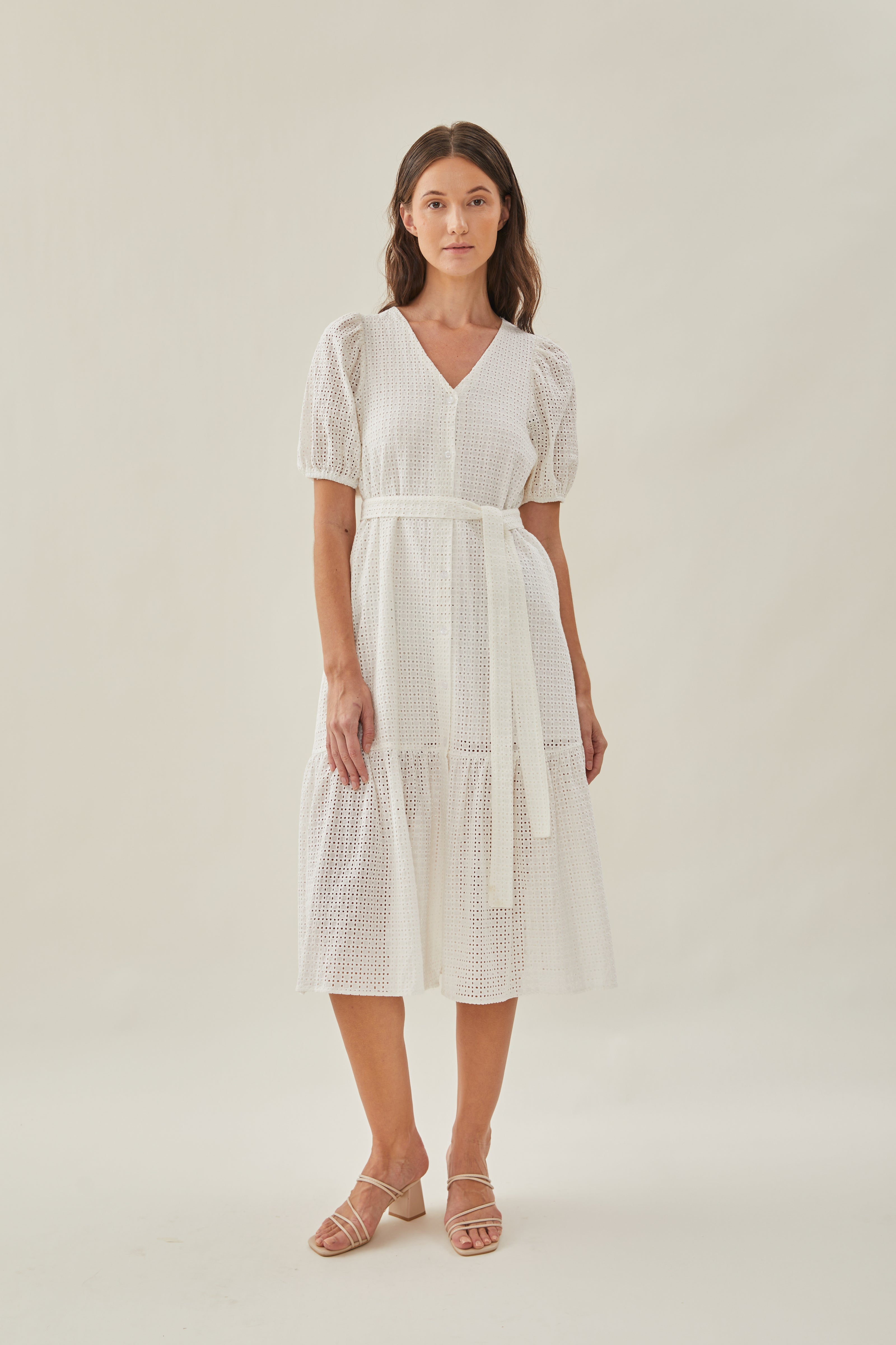 Maha Crochet Button Down Tiered Midi Dress