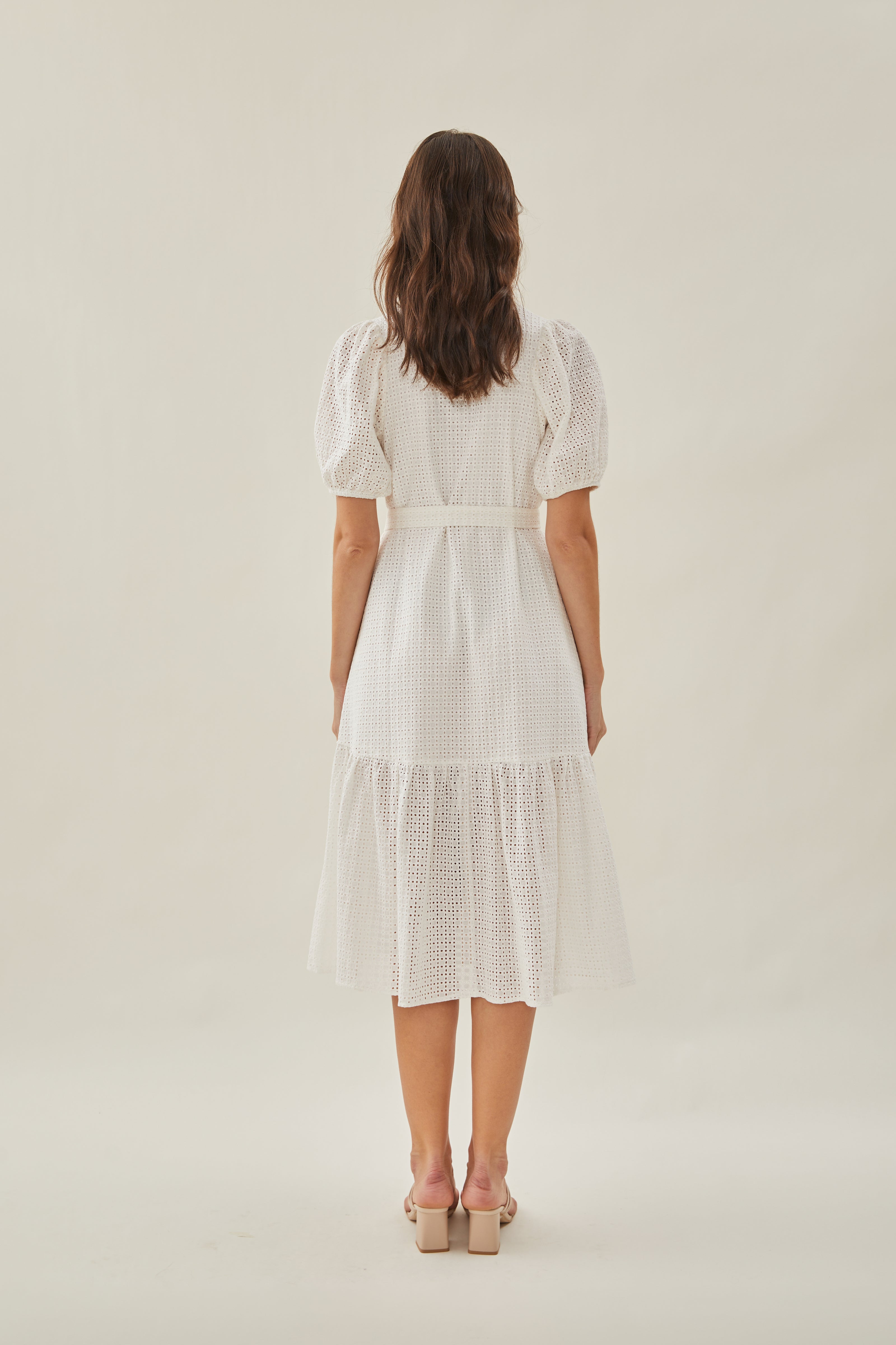 Maha Crochet Button Down Tiered Midi Dress