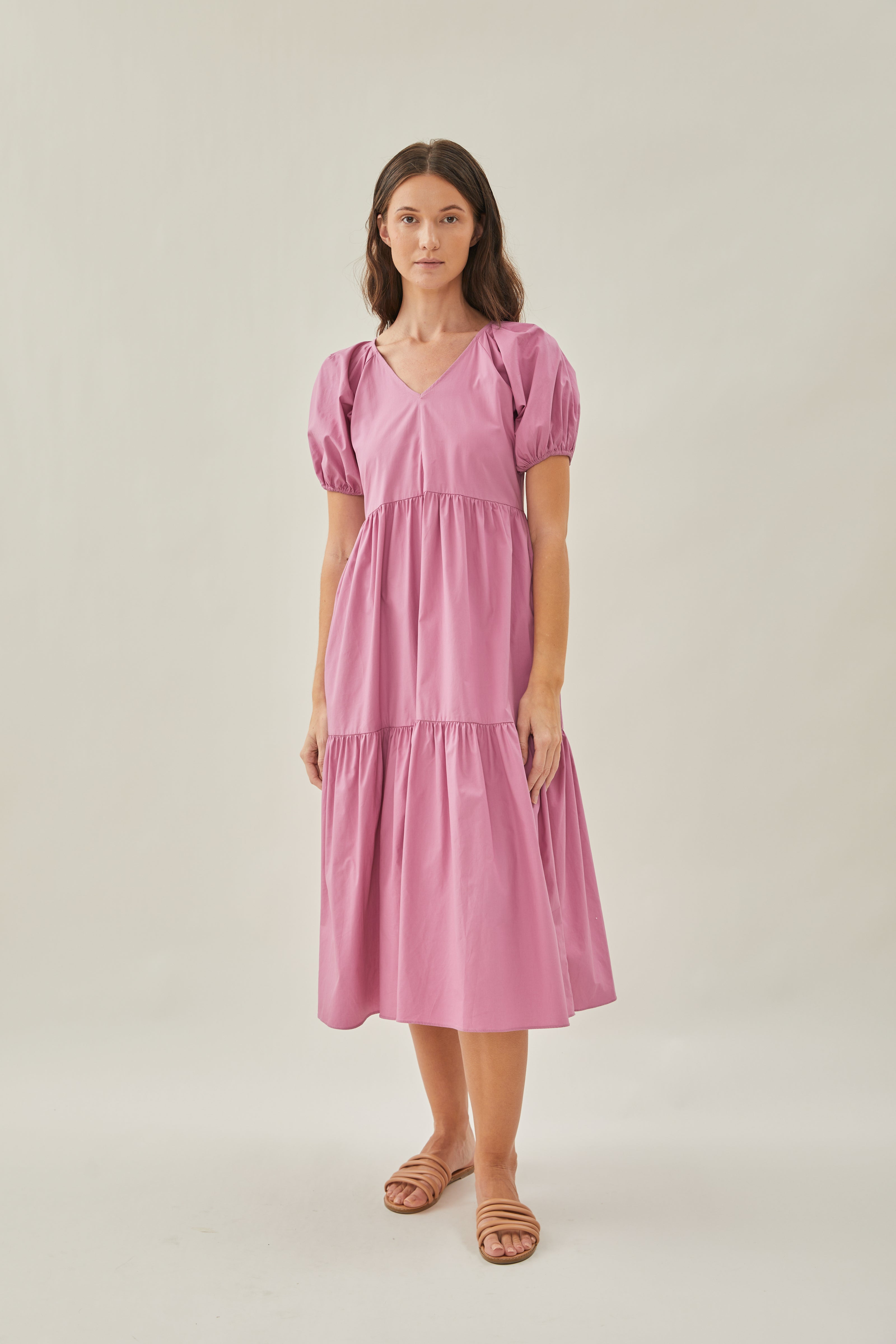 V-Neck Tiered Midi Dress in Hibiscus