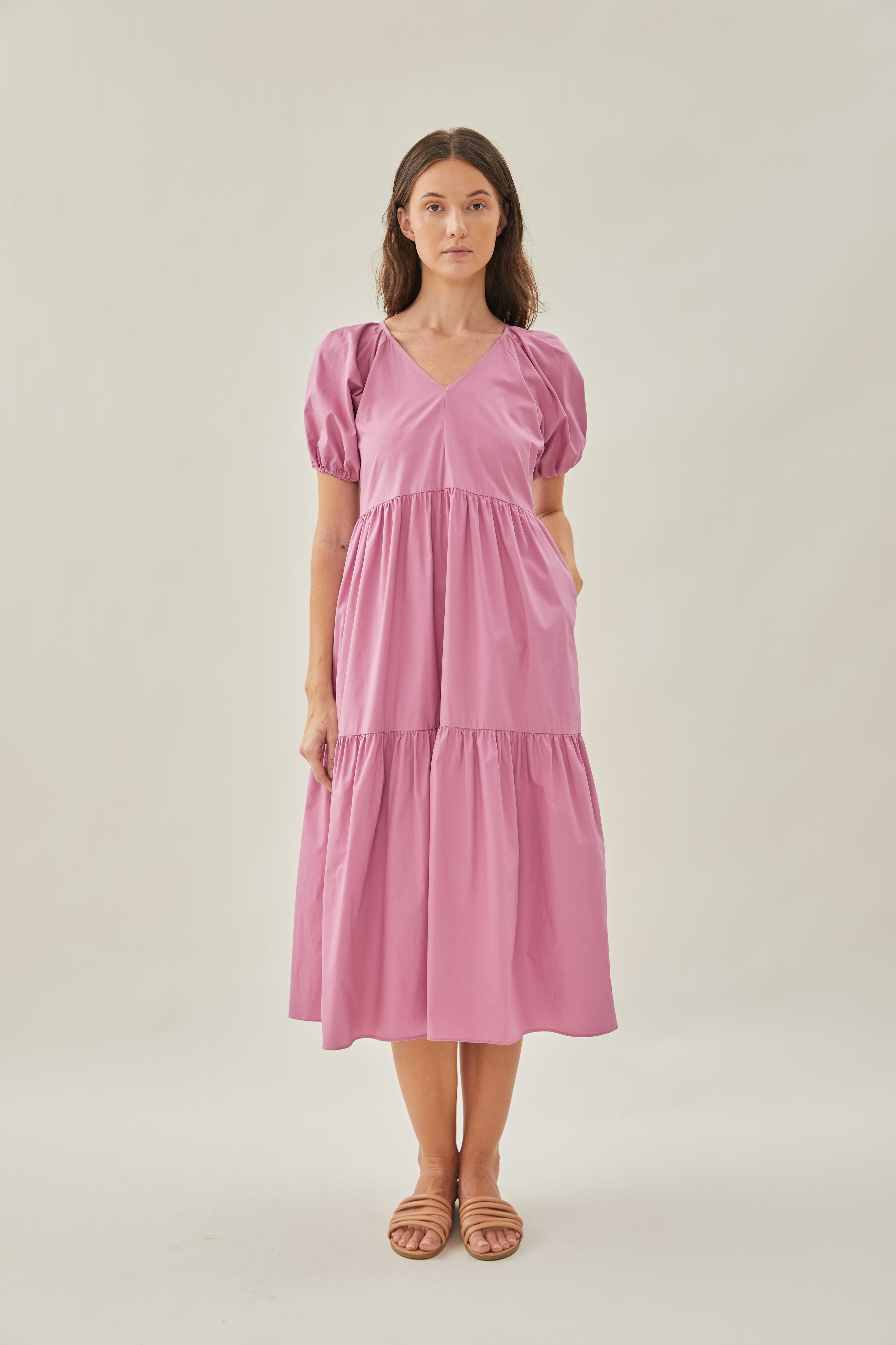 V-Neck Tiered Midi Dress in Hibiscus