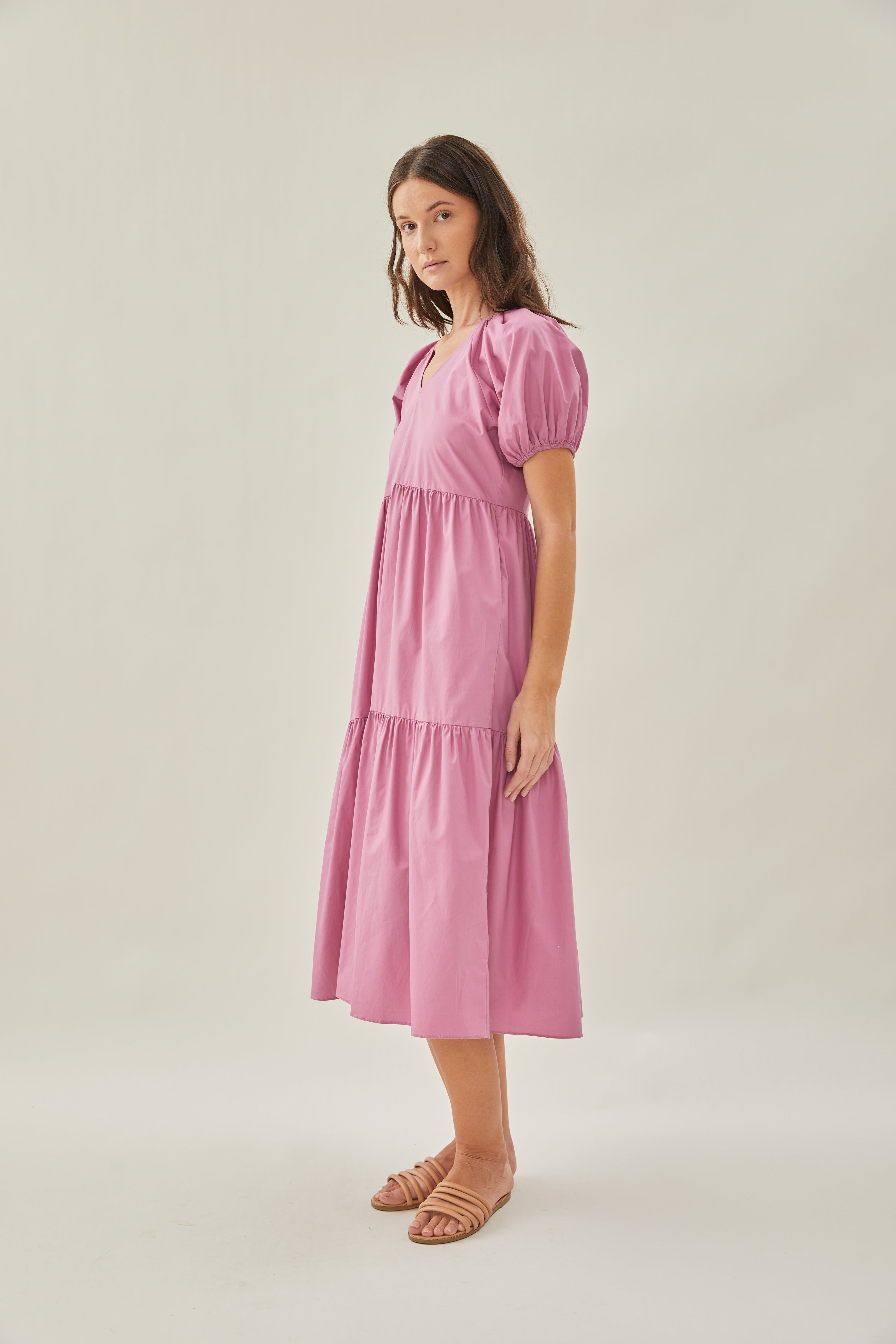 V-Neck Tiered Midi Dress in Hibiscus