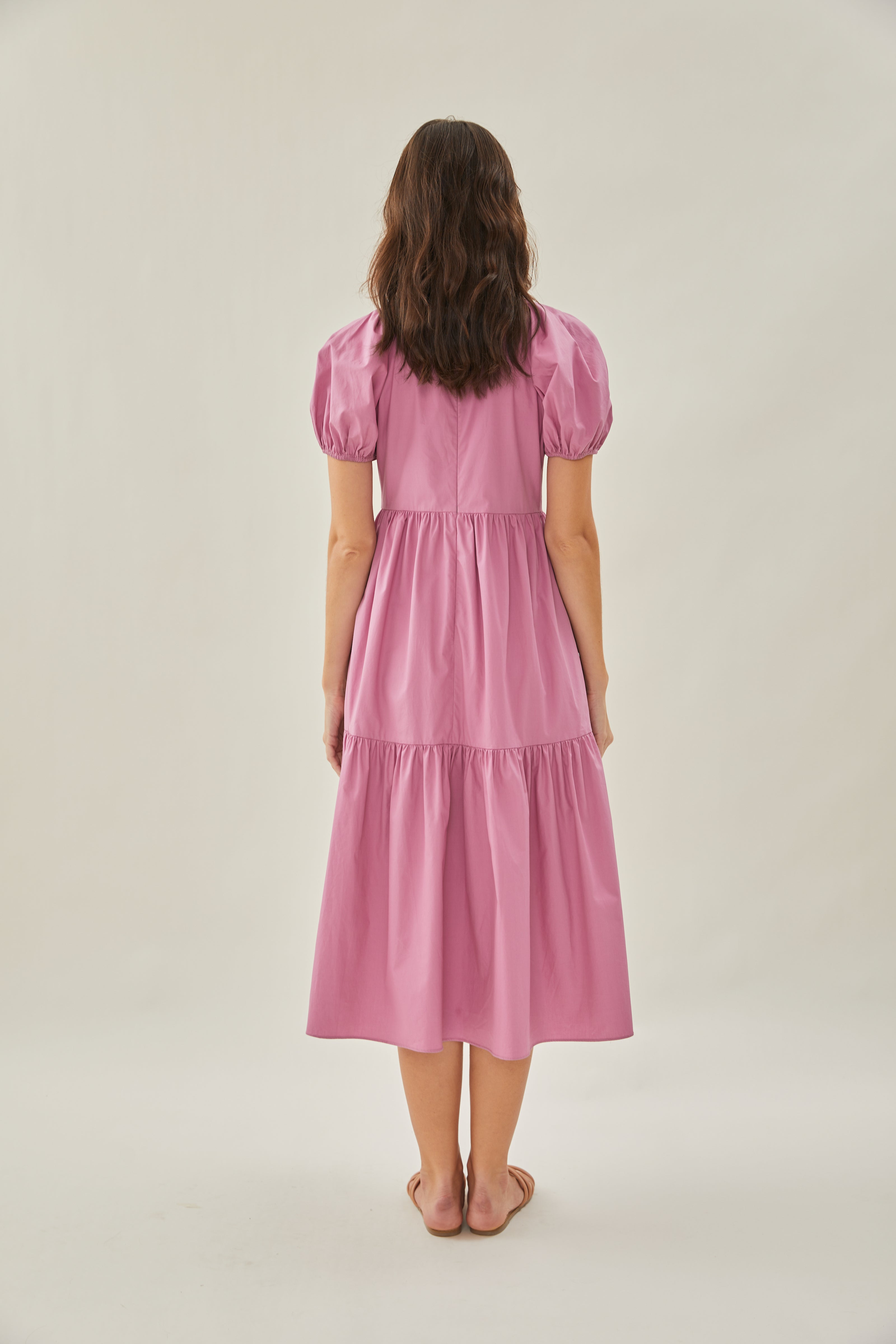 V-Neck Tiered Midi Dress in Hibiscus