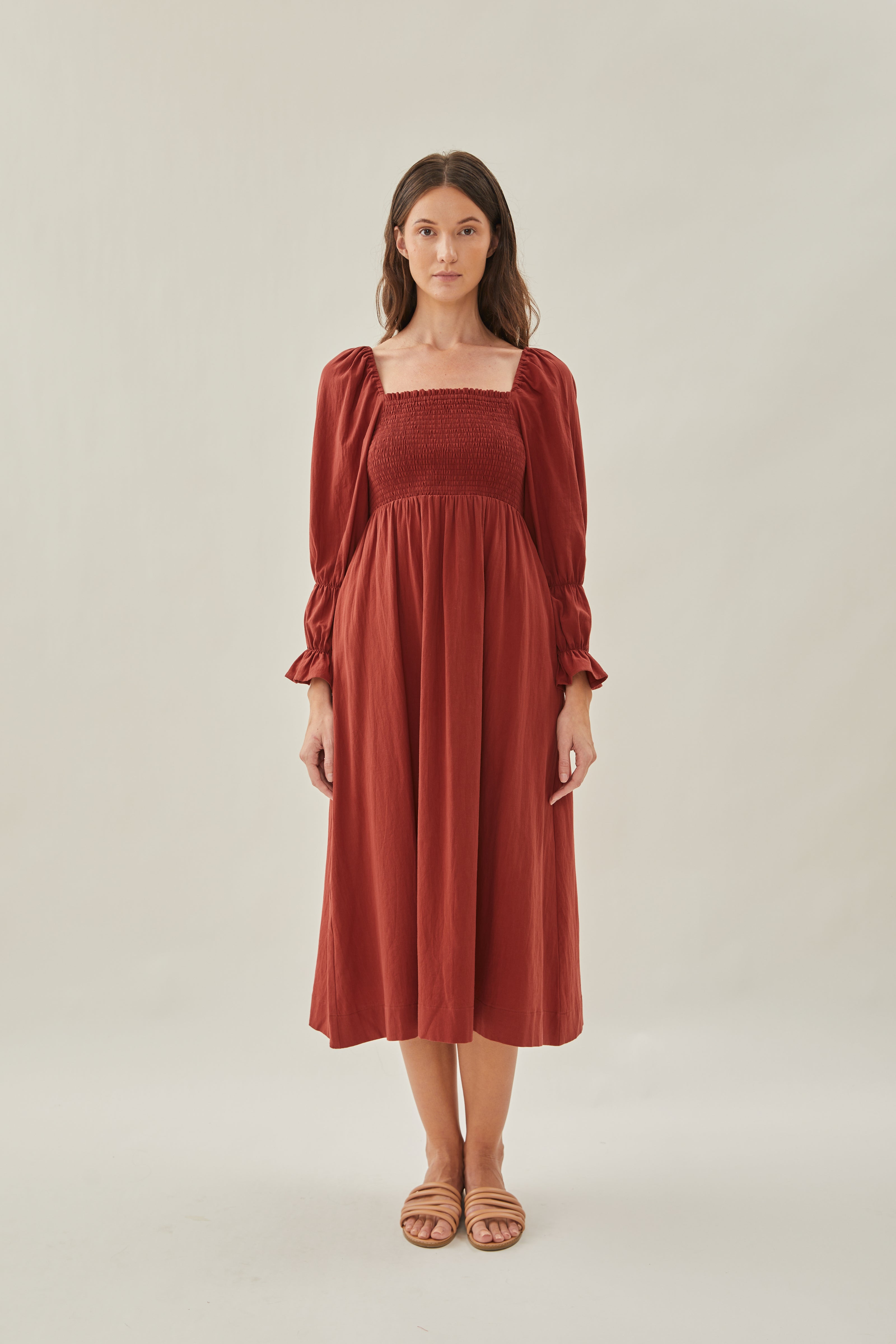 Cotton Shirred Midi Dress in Sienna