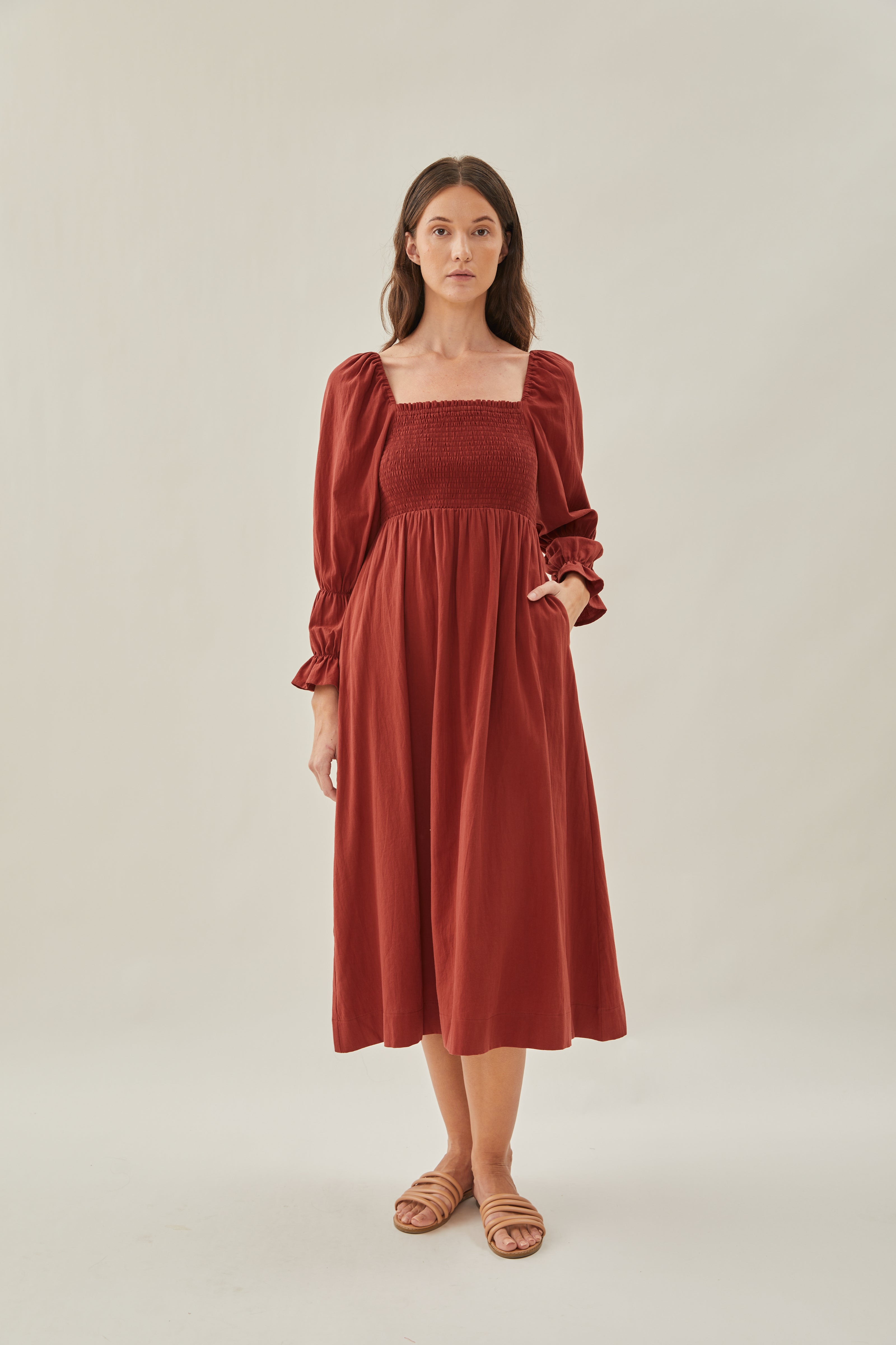 Cotton Shirred Midi Dress in Sienna