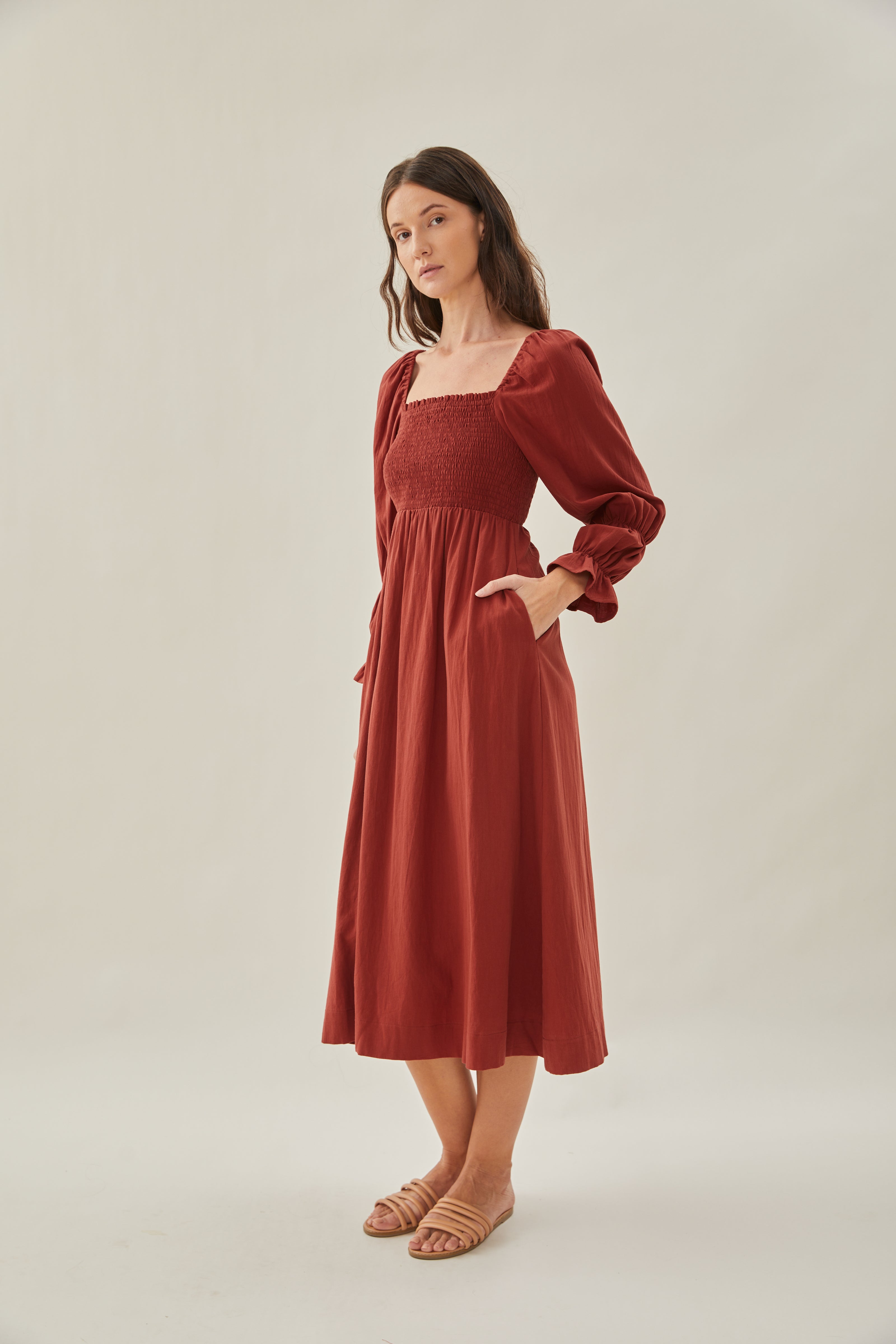 Cotton Shirred Midi Dress in Sienna