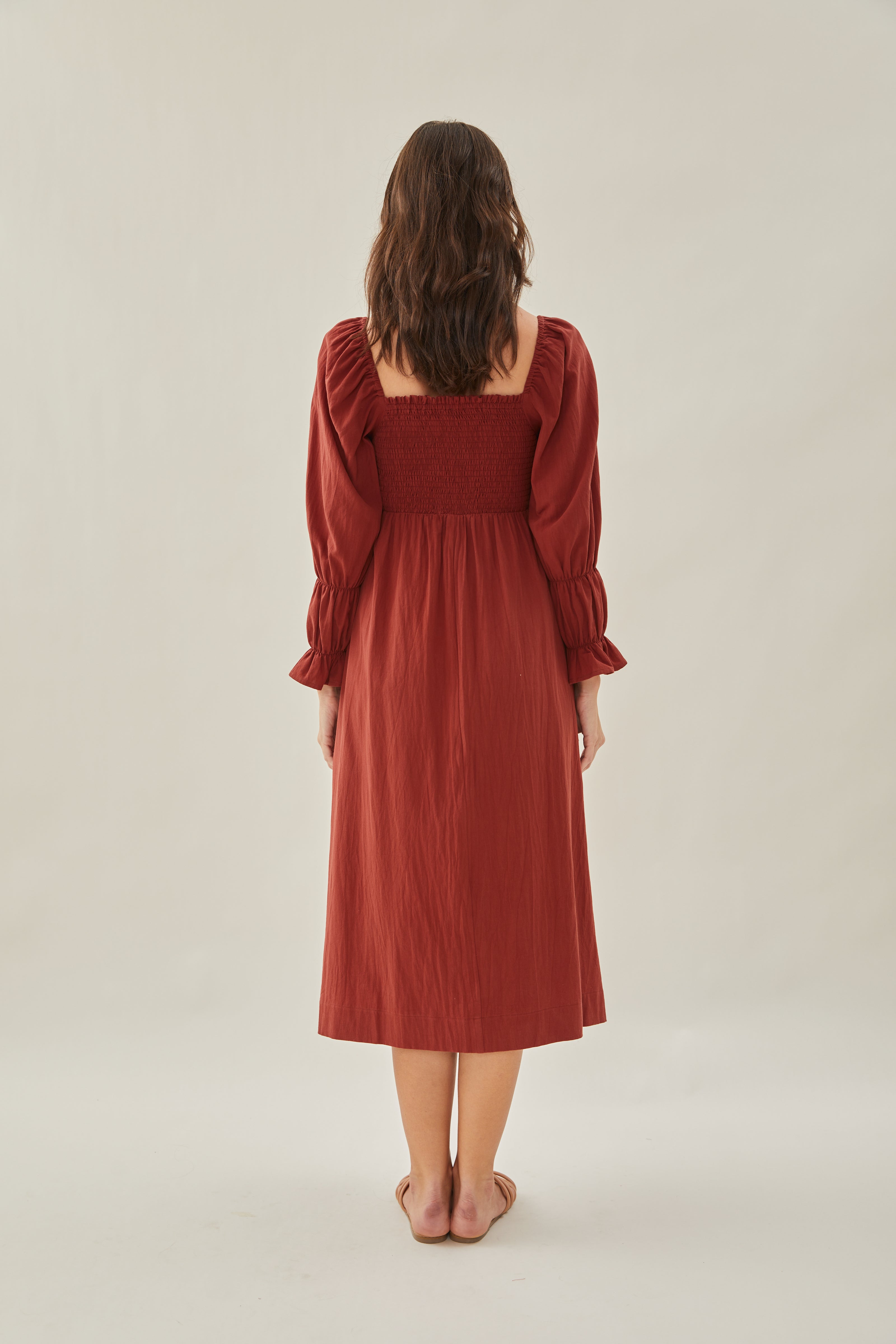 Cotton Shirred Midi Dress in Sienna