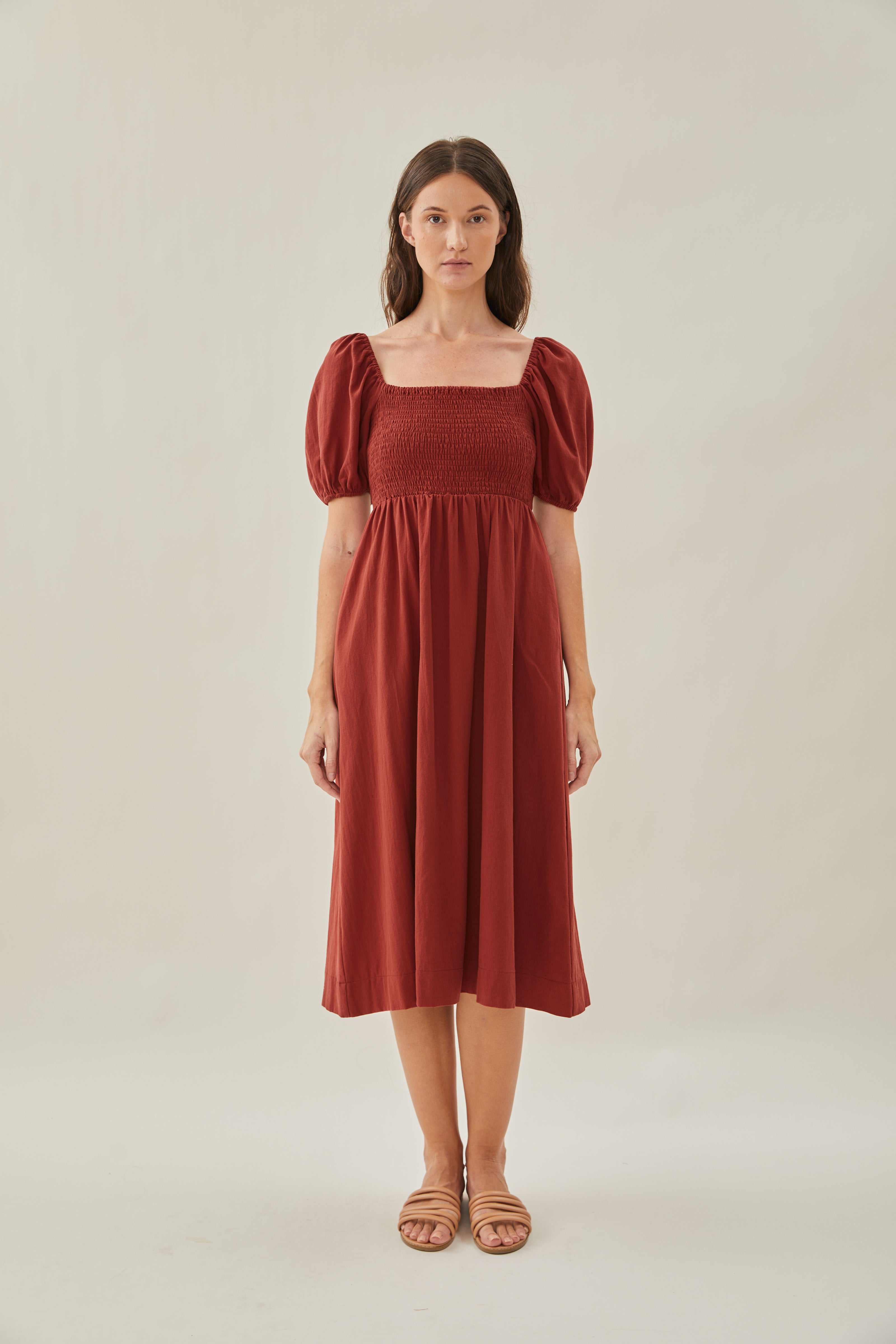 Puffed Sleeved Shirred Midi Dress in Sienna