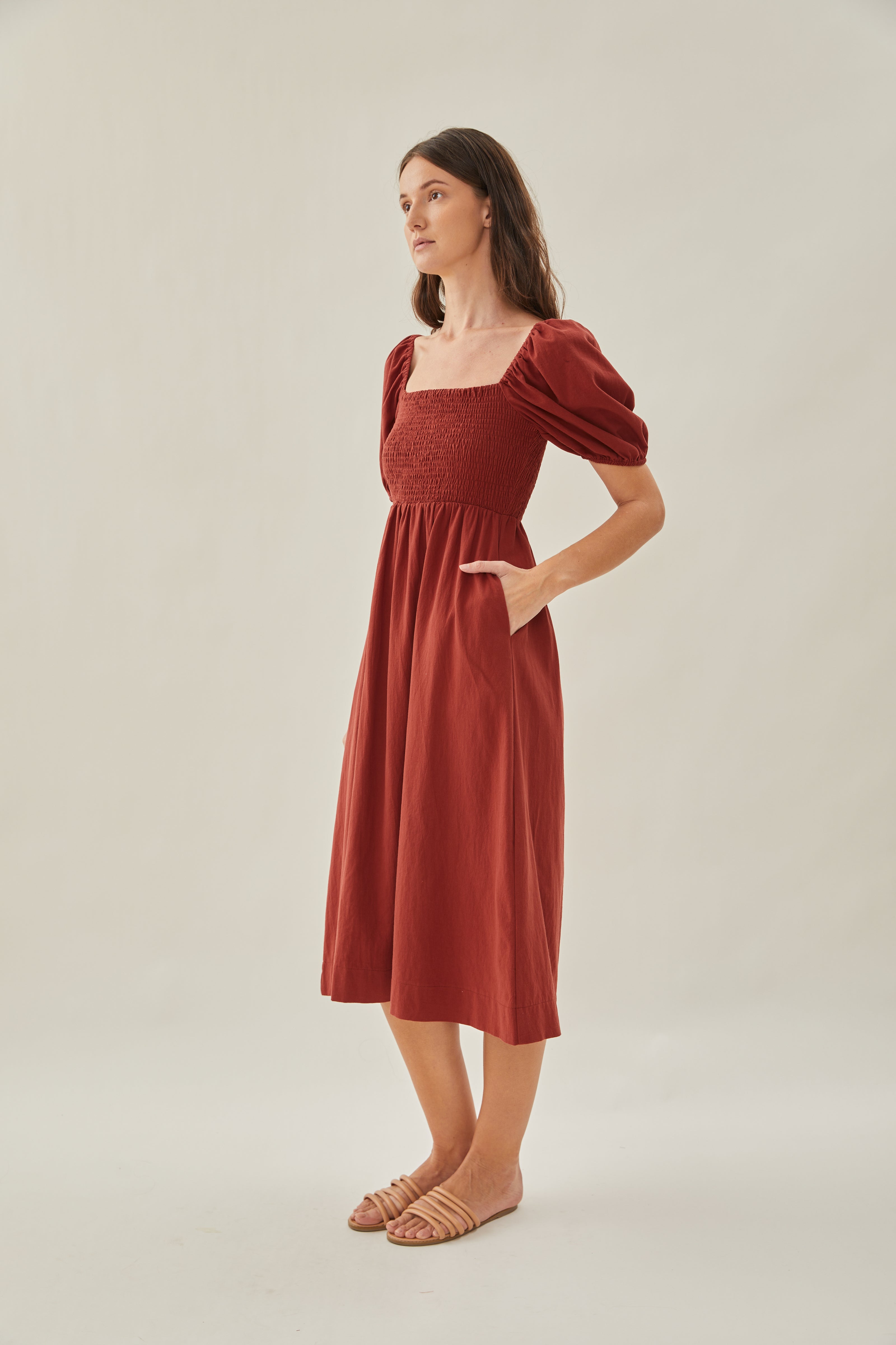 Puffed Sleeved Shirred Midi Dress in Sienna