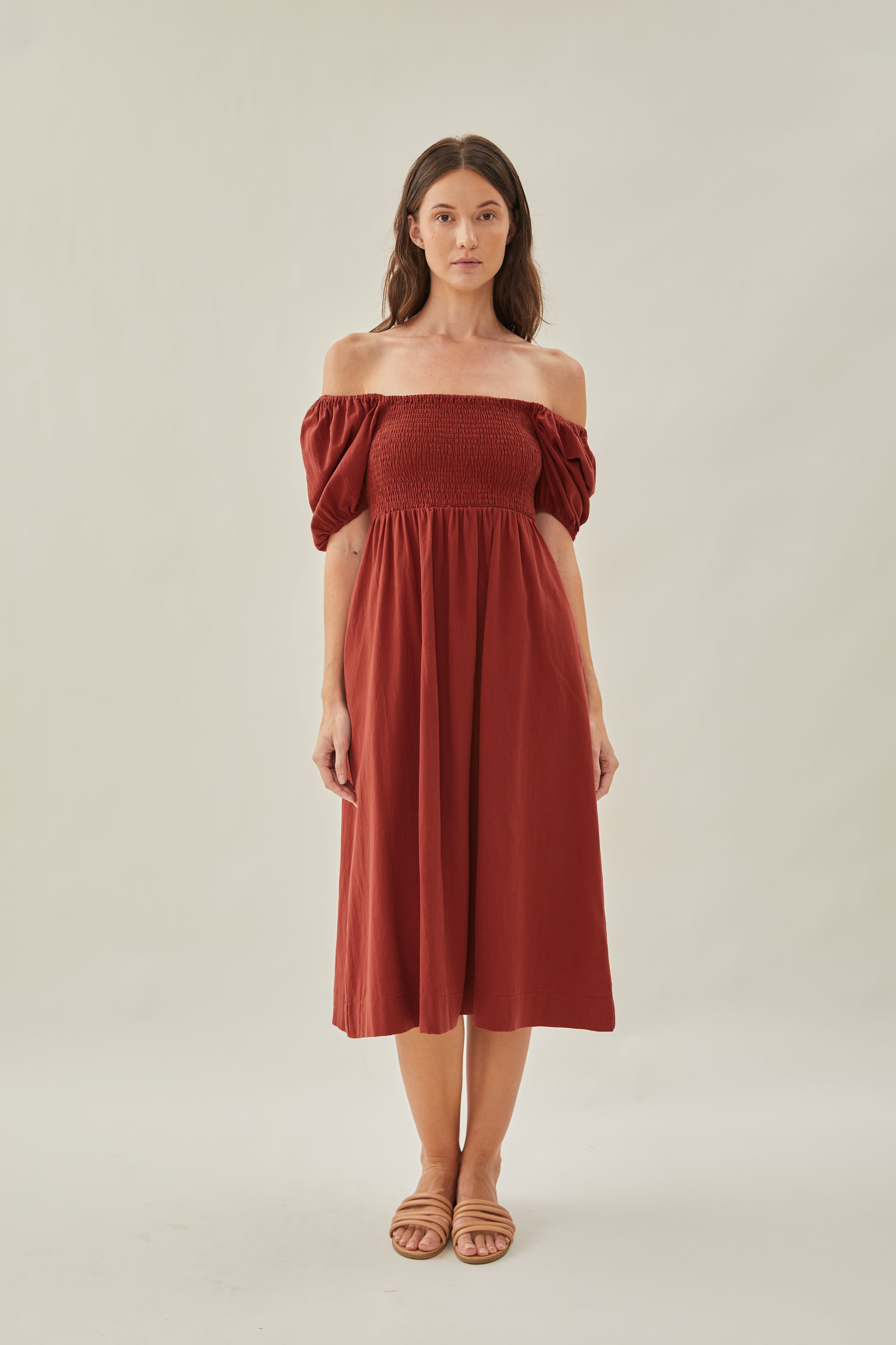 Puffed Sleeved Shirred Midi Dress in Sienna