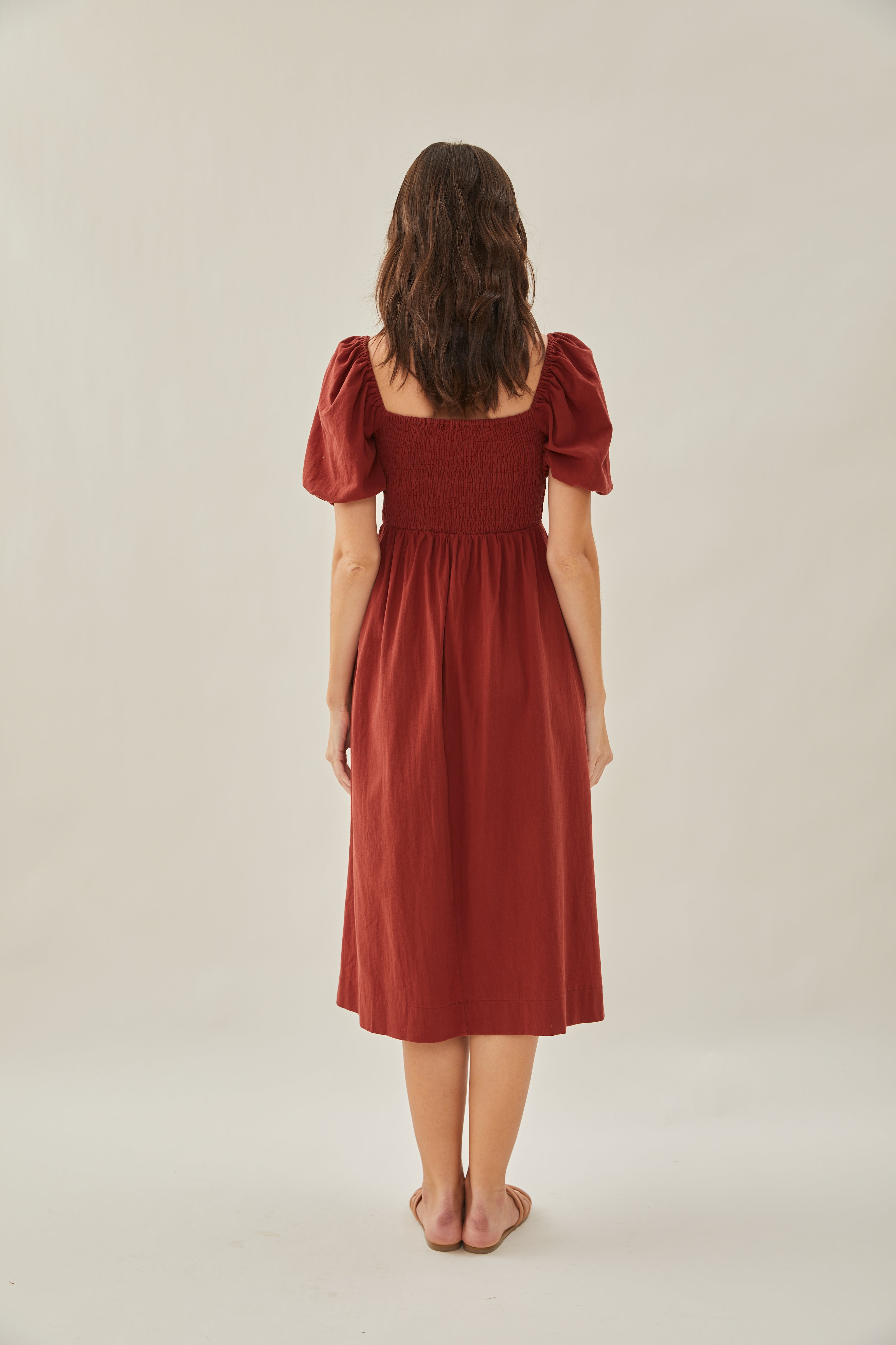 Puffed Sleeved Shirred Midi Dress in Sienna