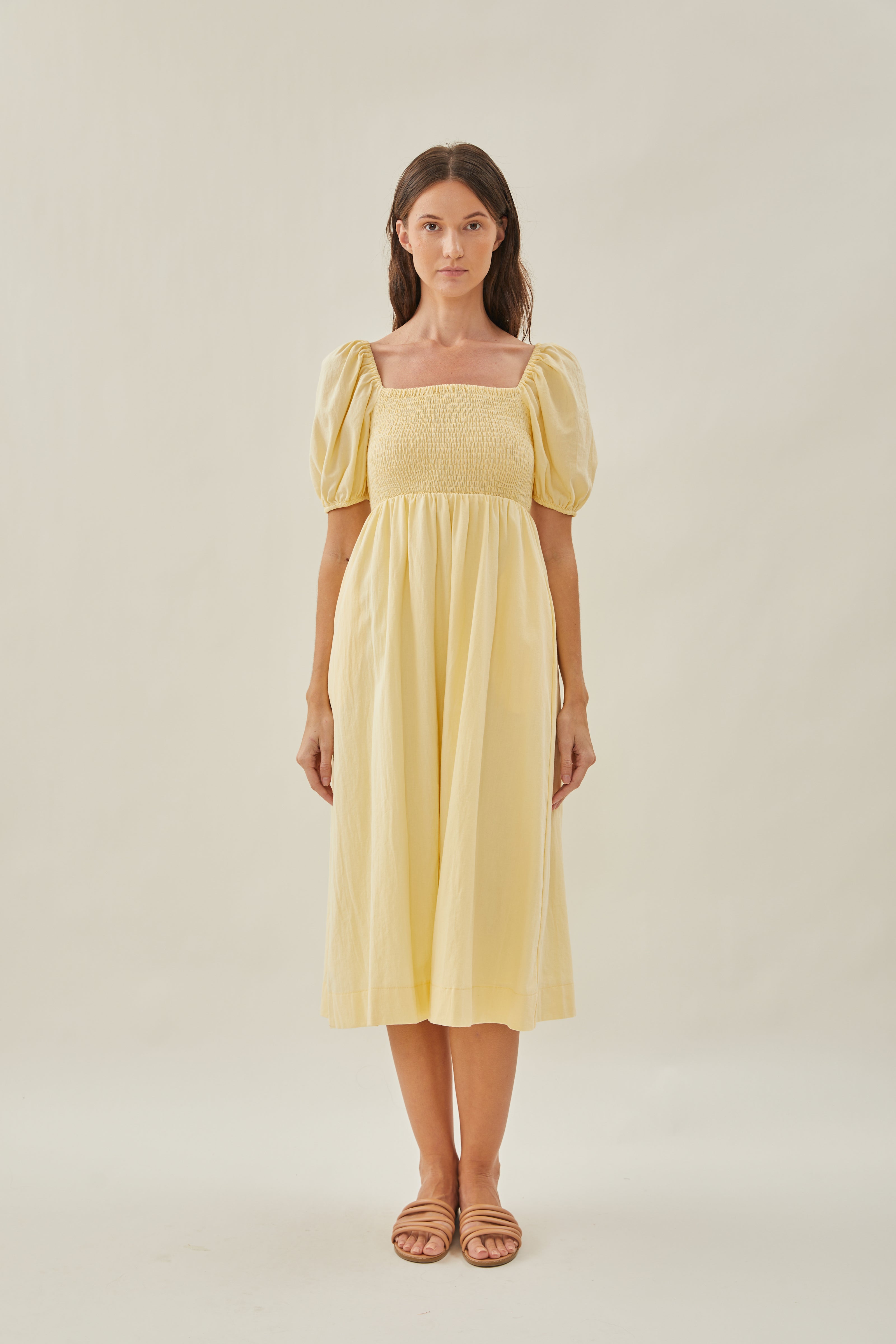 Puffed Sleeved Shirred Midi Dress in Soft Yellow