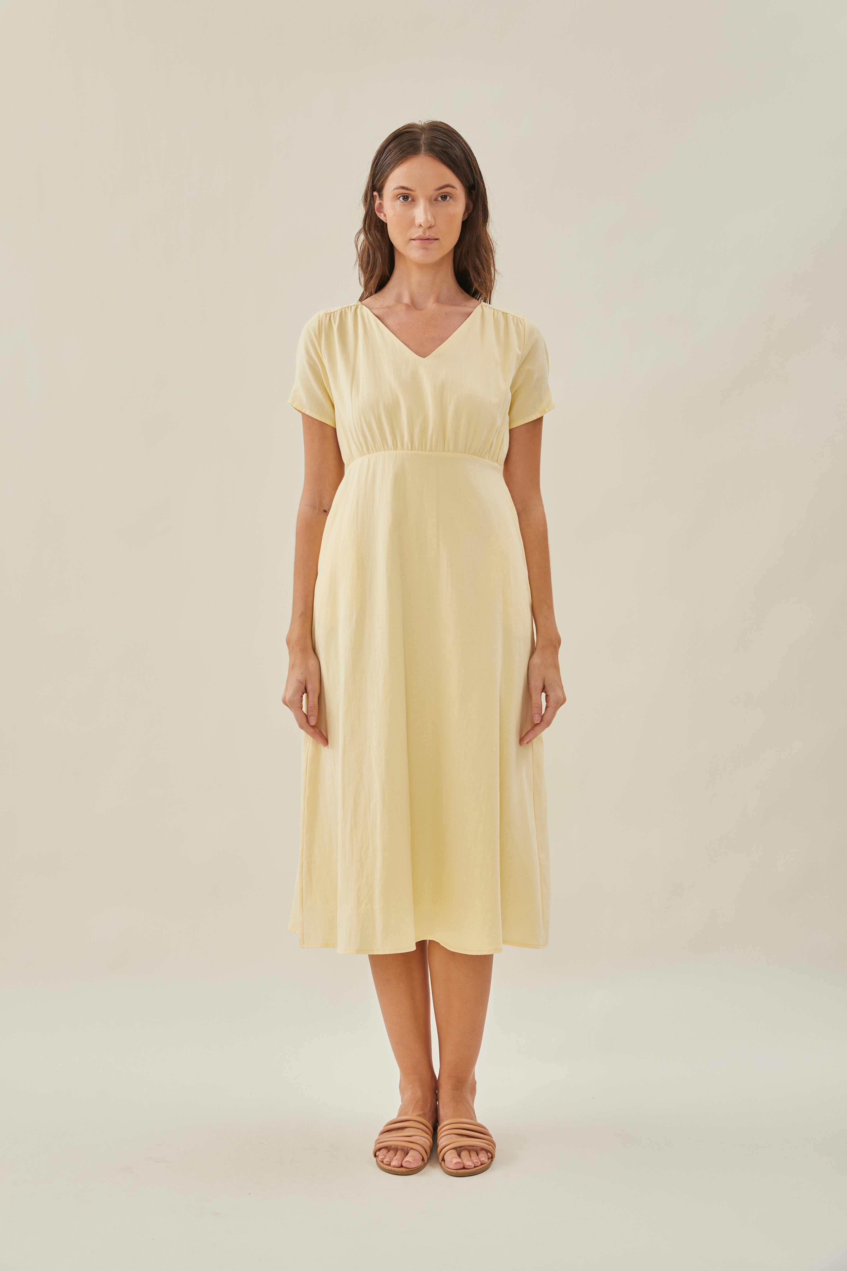 Waisted Midi Dress in Soft Yellow