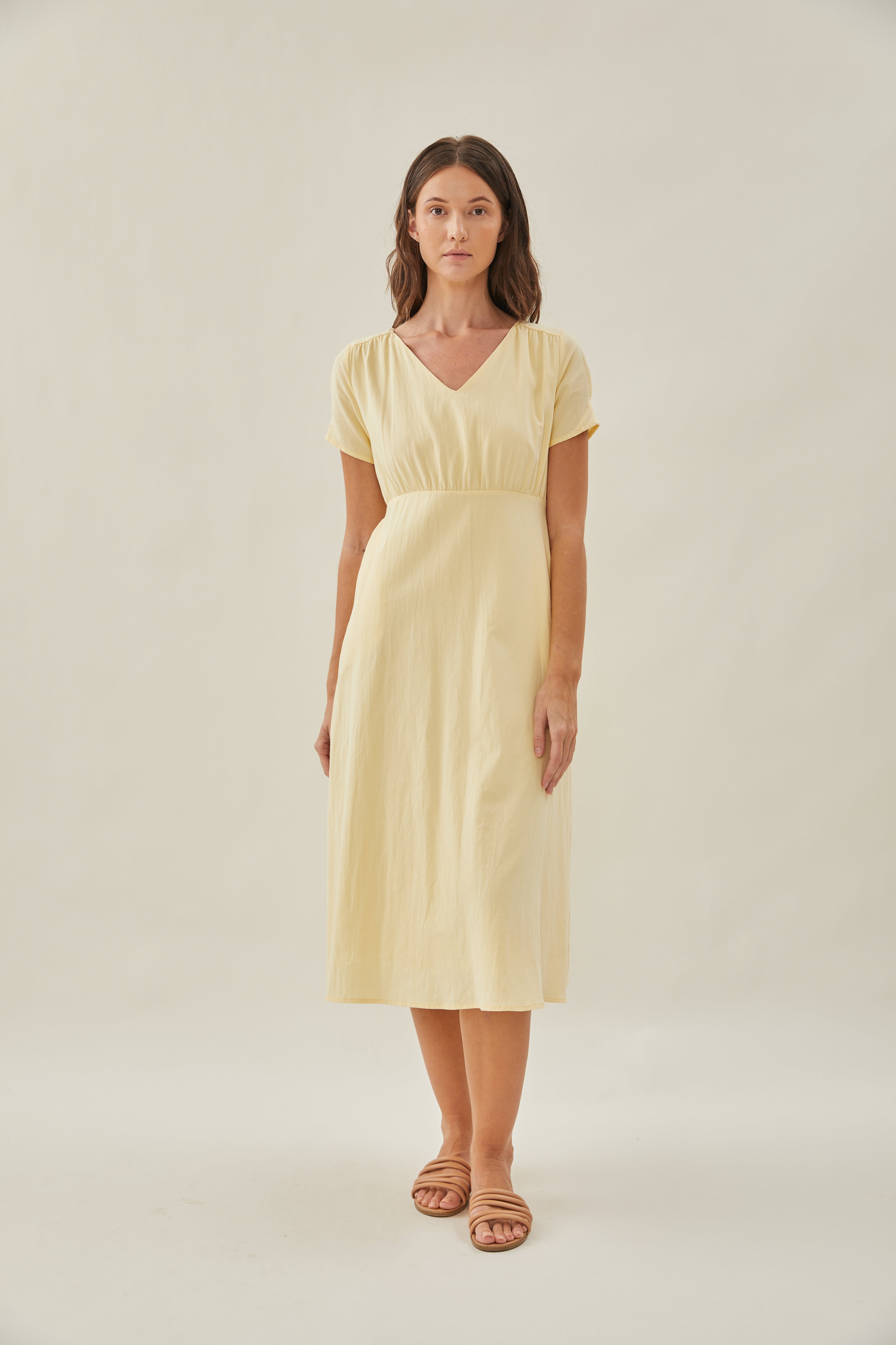 Waisted Midi Dress in Soft Yellow