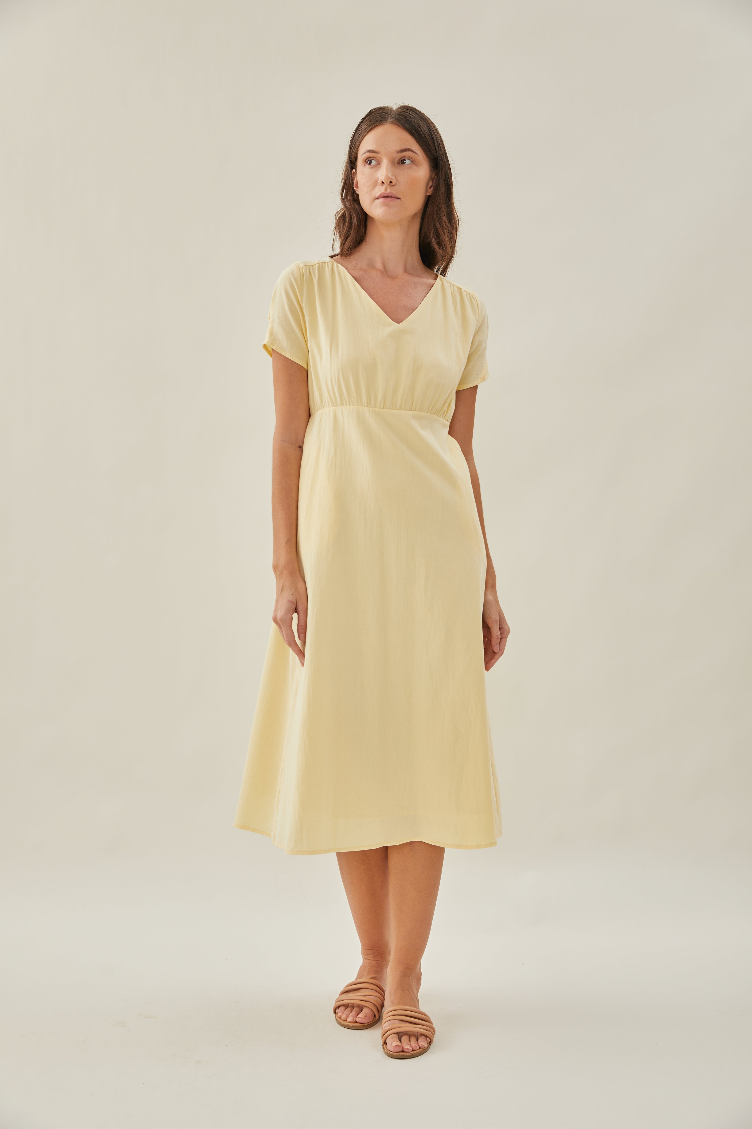 Waisted Midi Dress in Soft Yellow