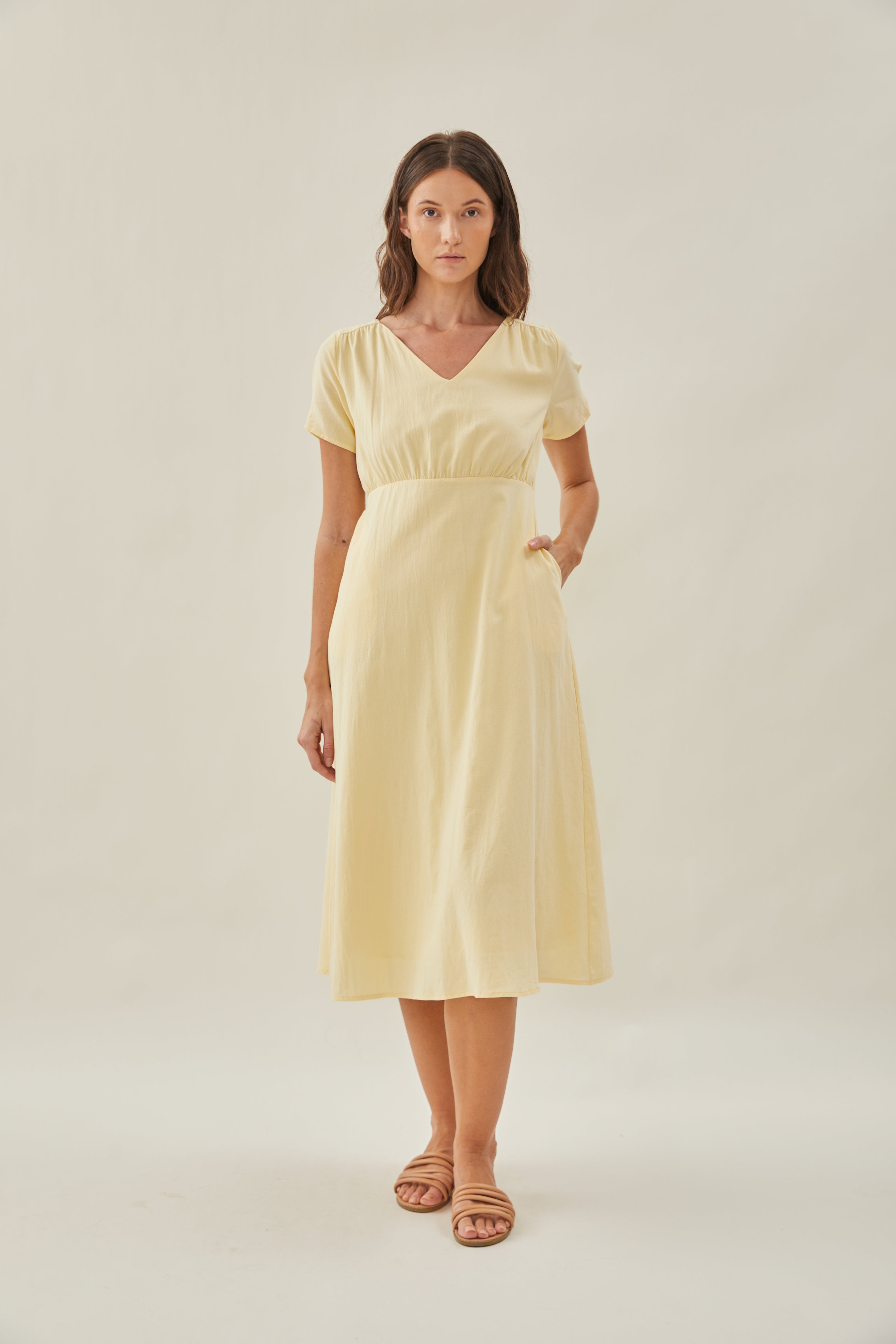 Waisted Midi Dress in Soft Yellow