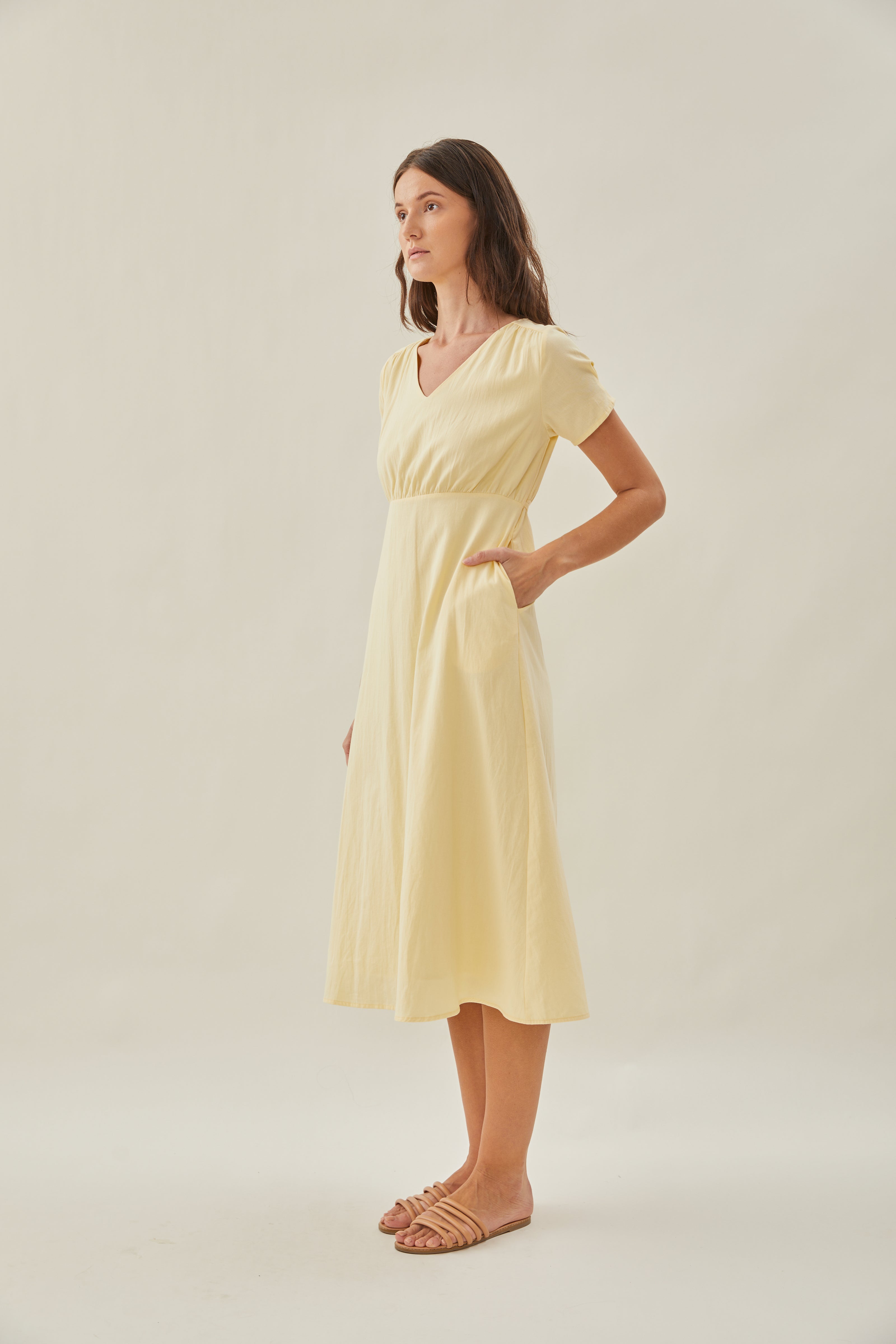 Waisted Midi Dress in Soft Yellow