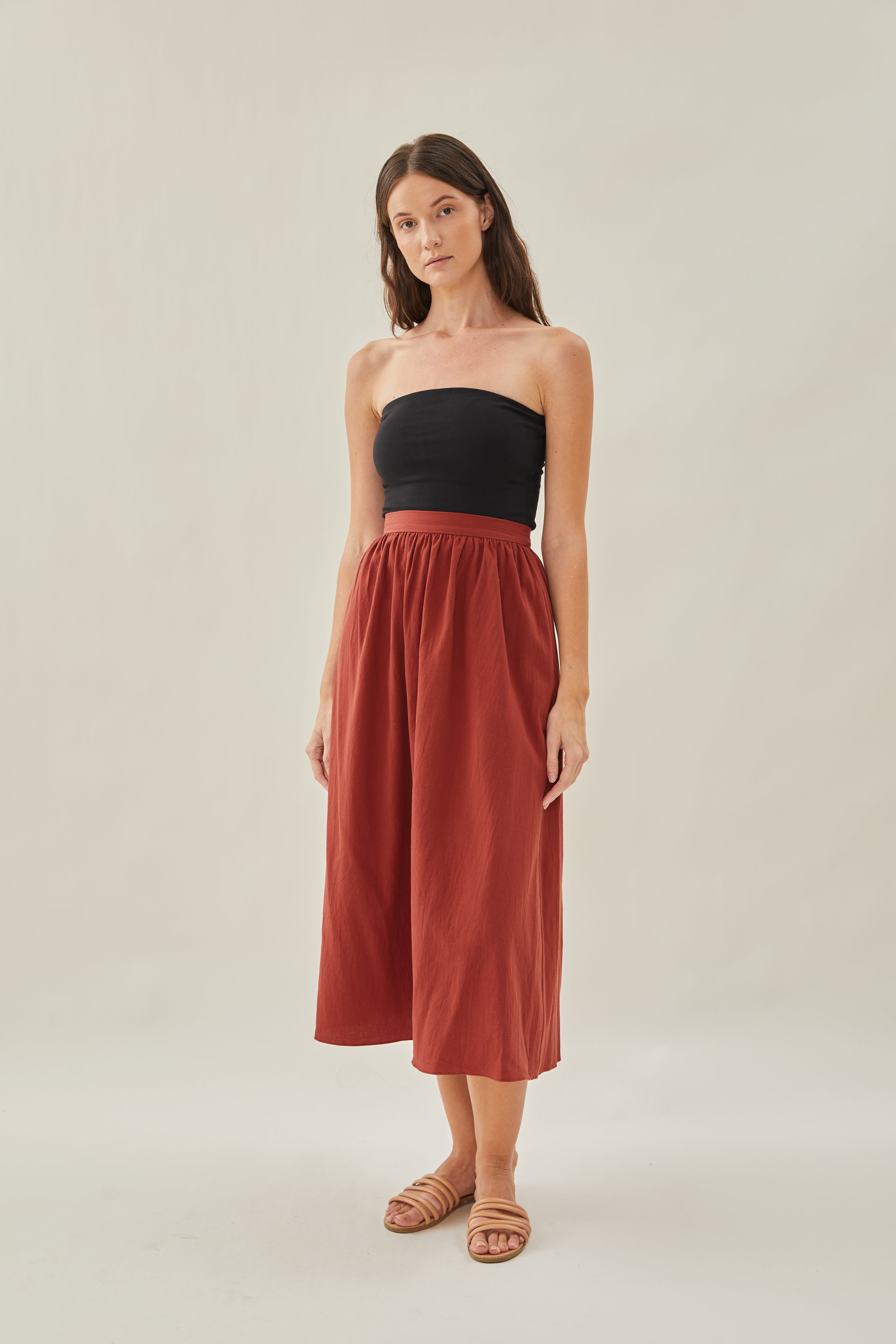 Cotton Gathered Midi Skirt in Sienna