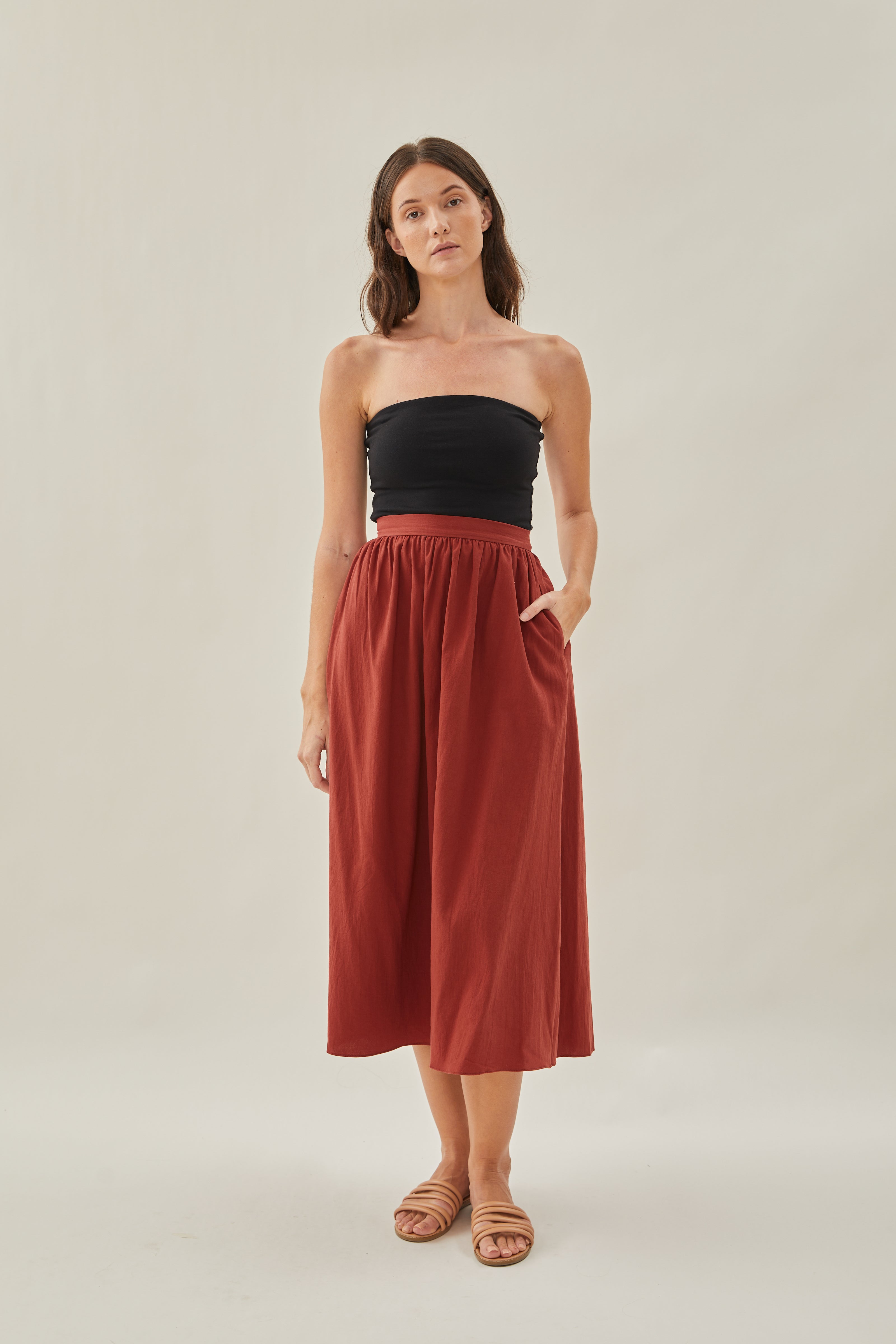 Cotton Gathered Midi Skirt in Sienna