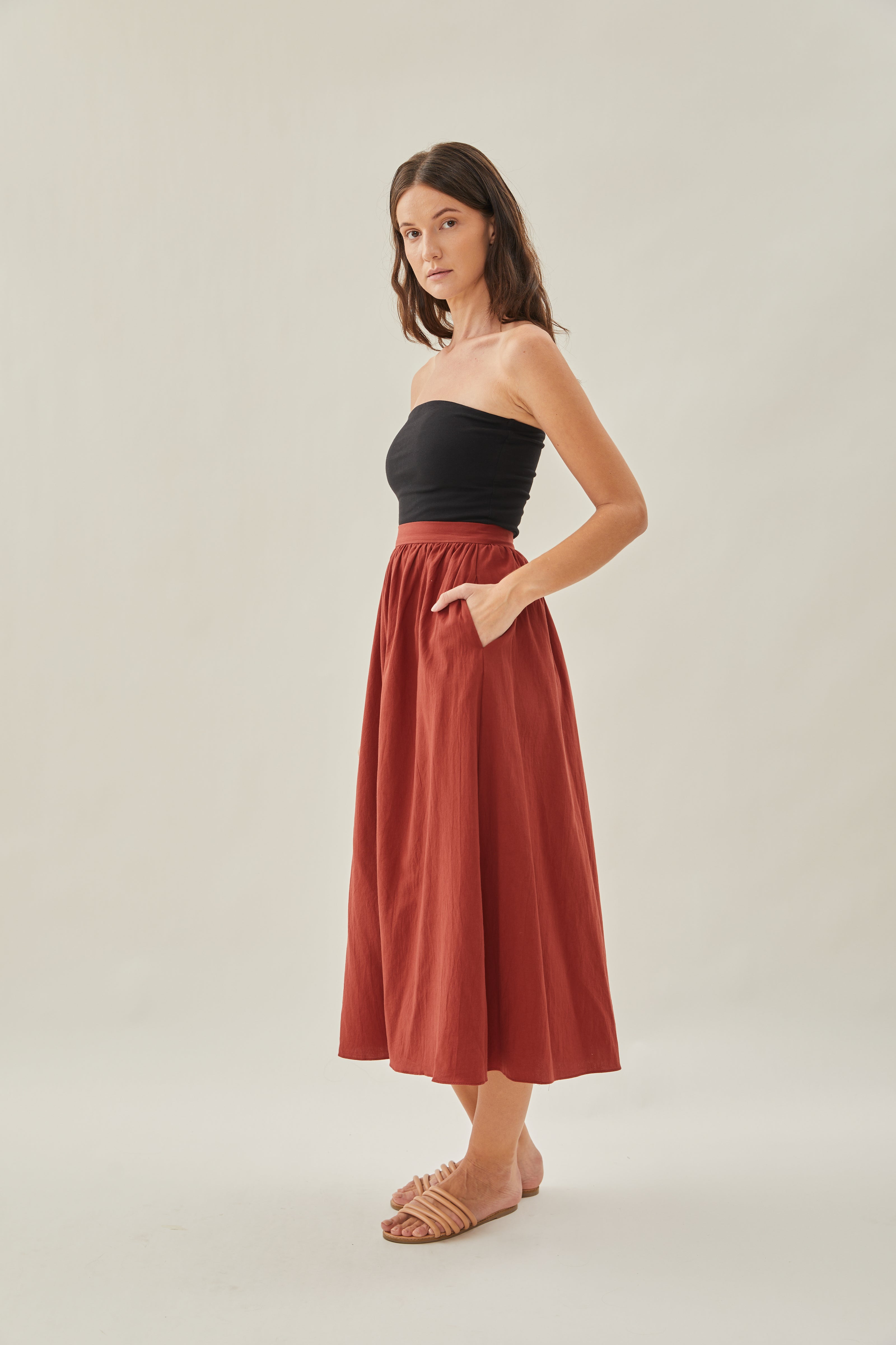 Cotton Gathered Midi Skirt in Sienna