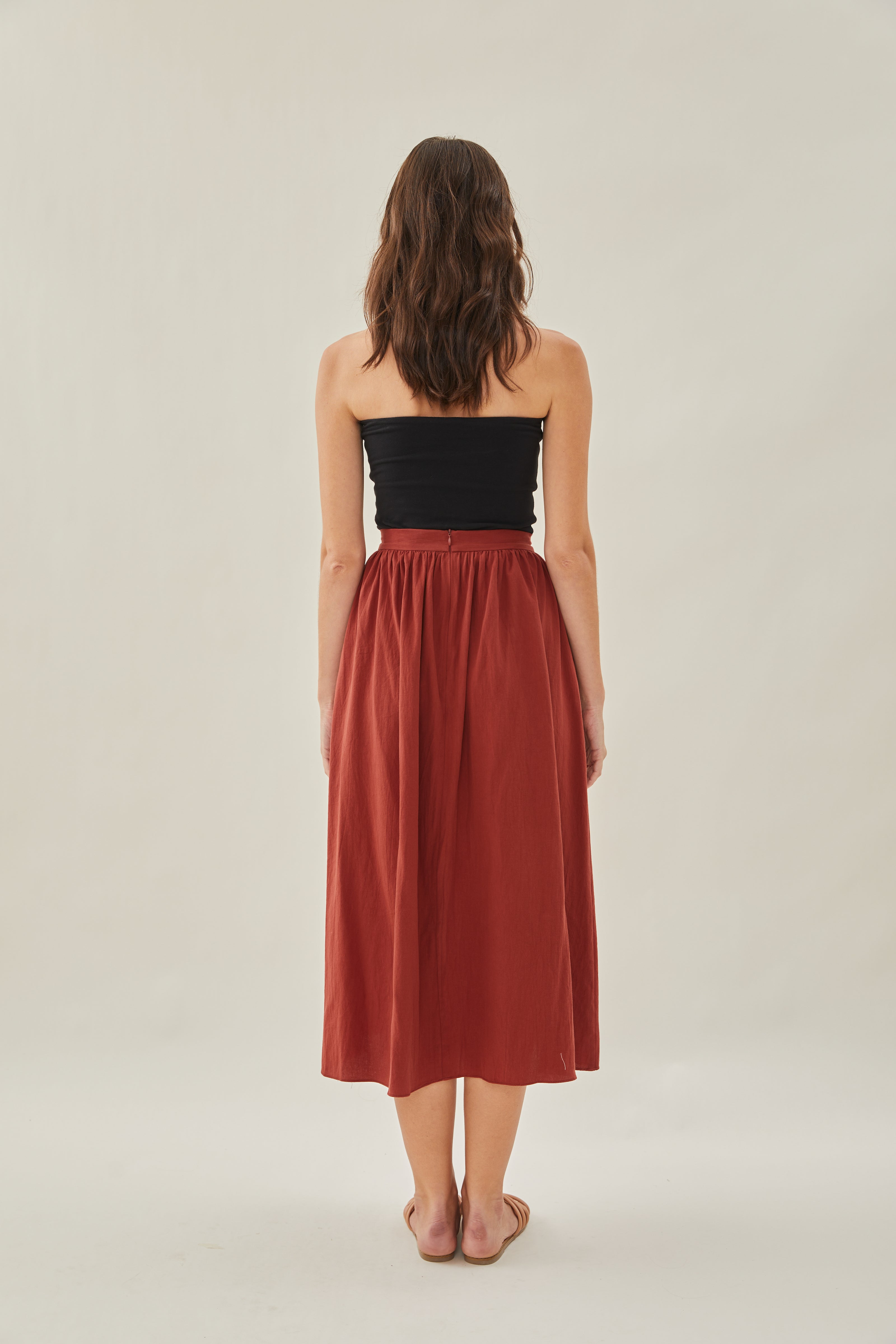 Cotton Gathered Midi Skirt in Sienna