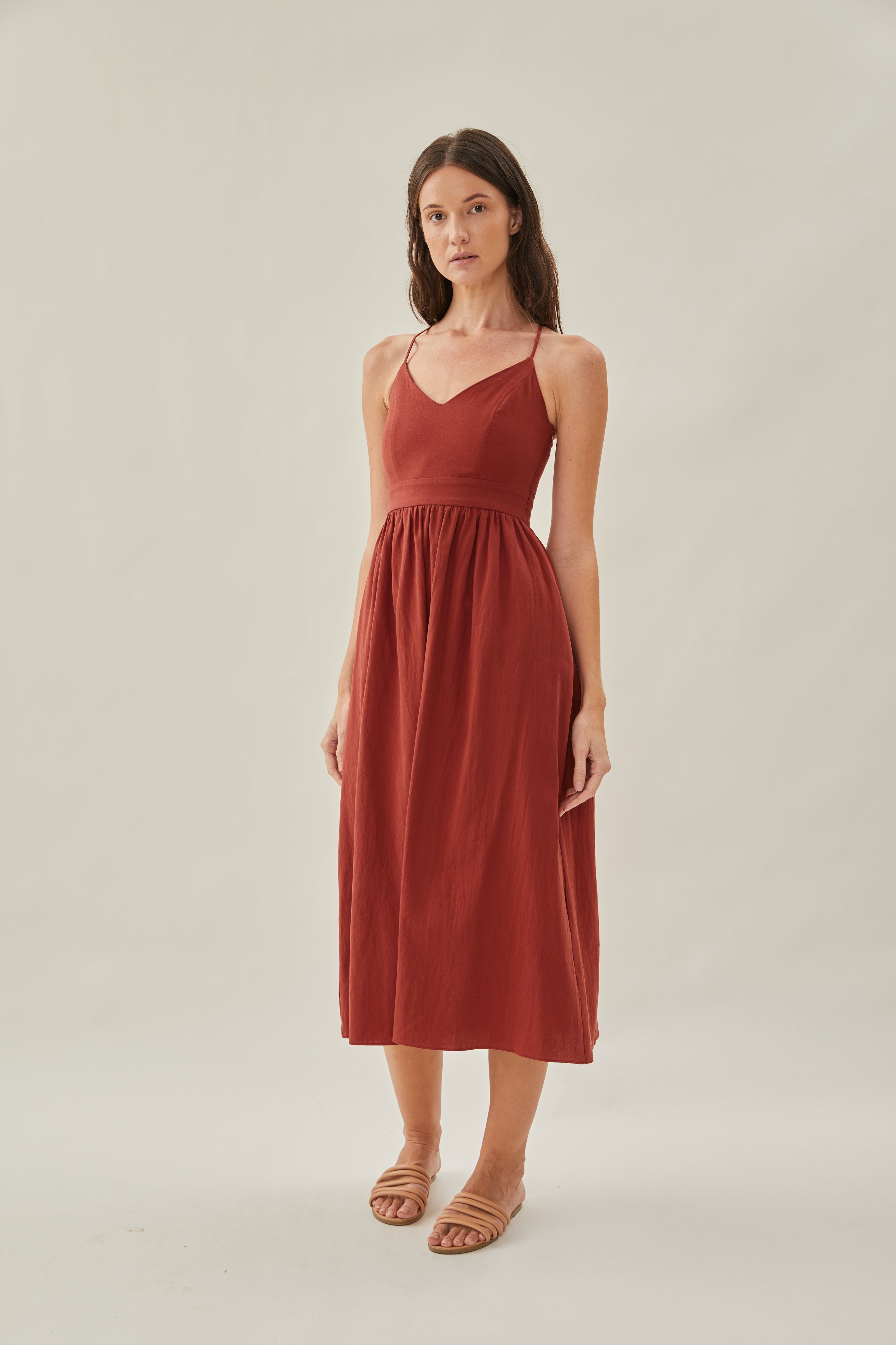 Crossback Cotton Midi Dress in Sienna