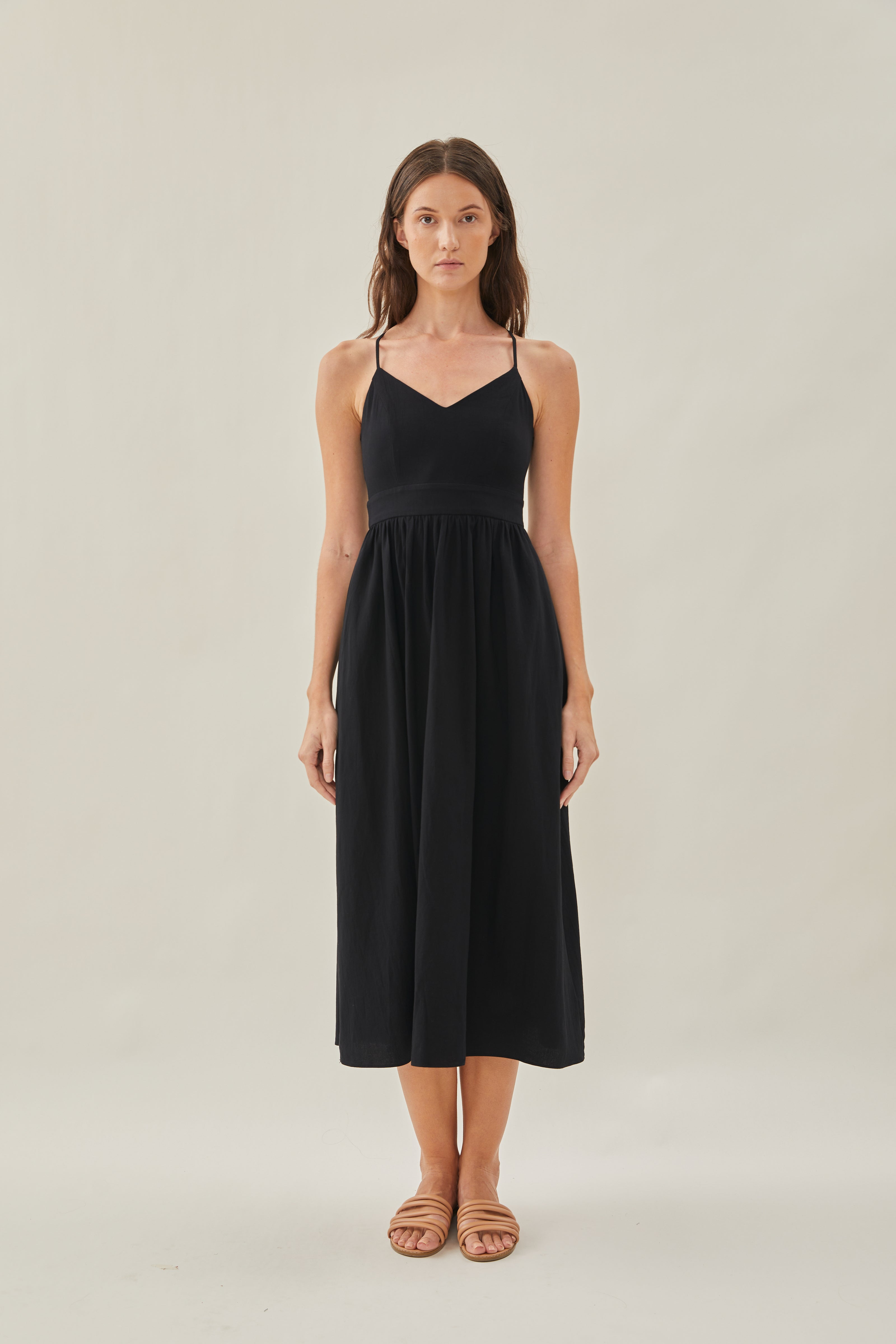 Crossback Cotton Midi Dress in Black