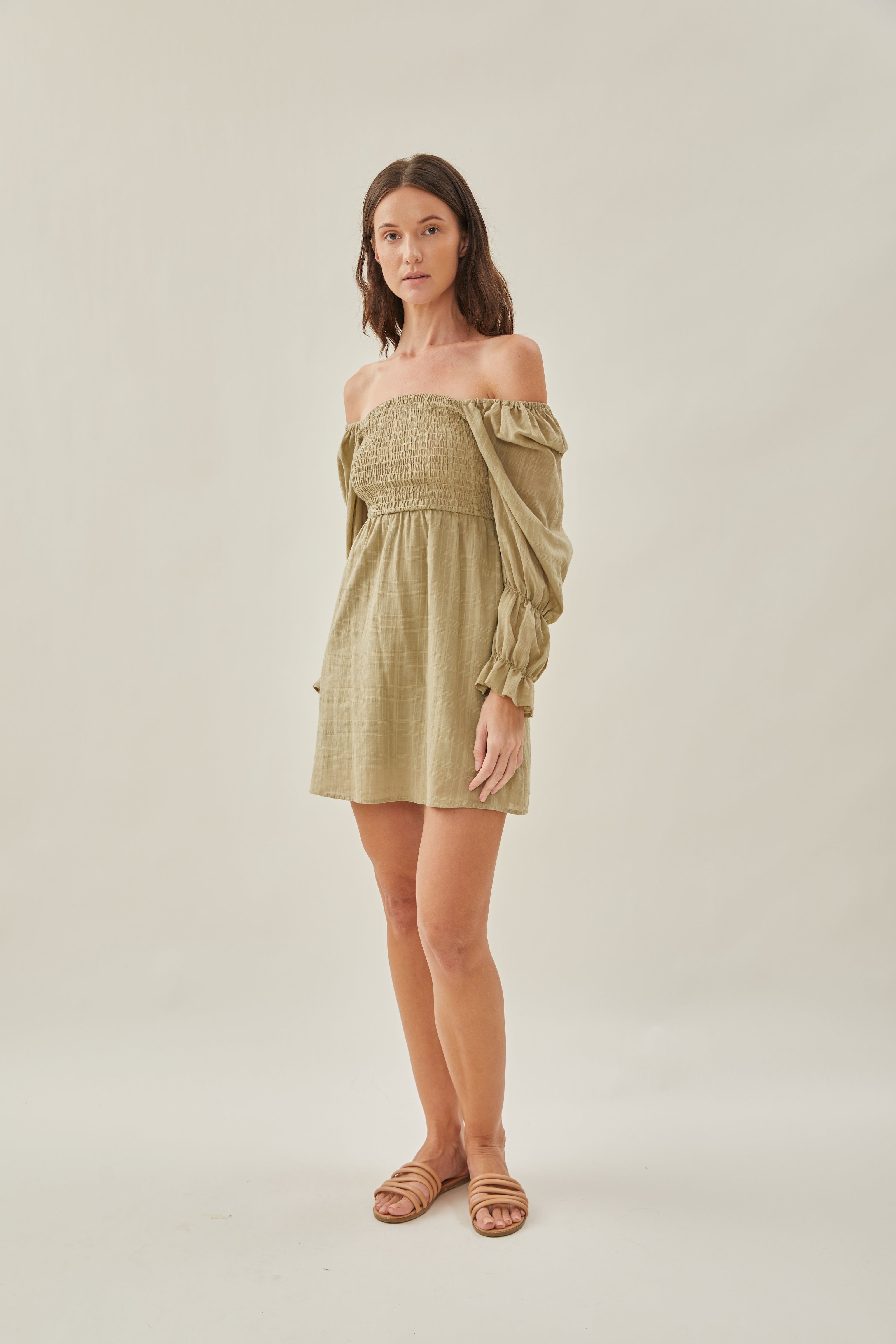 Textured Cotton Shirred Mini Dress in Muted Moss