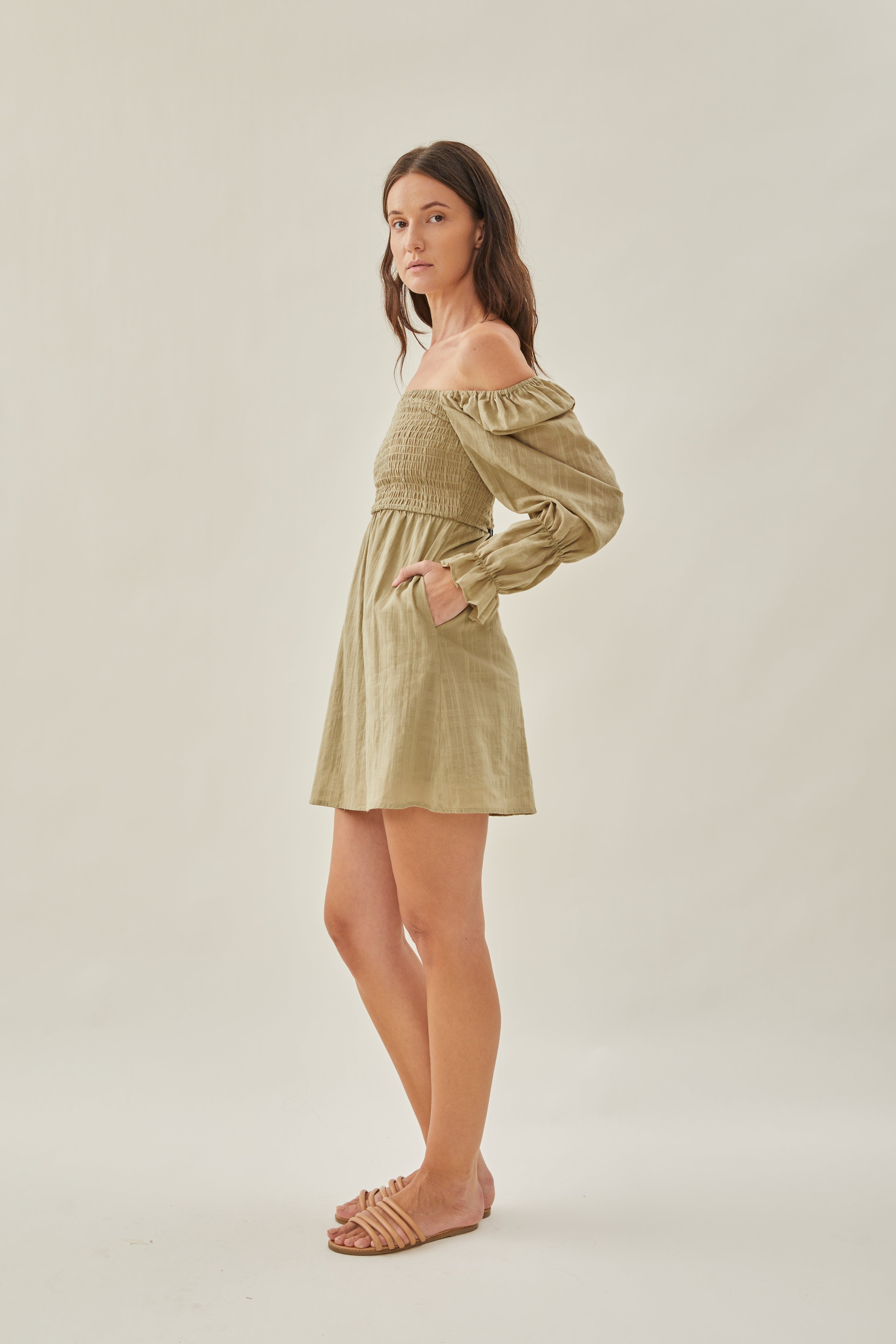 Textured Cotton Shirred Mini Dress in Muted Moss