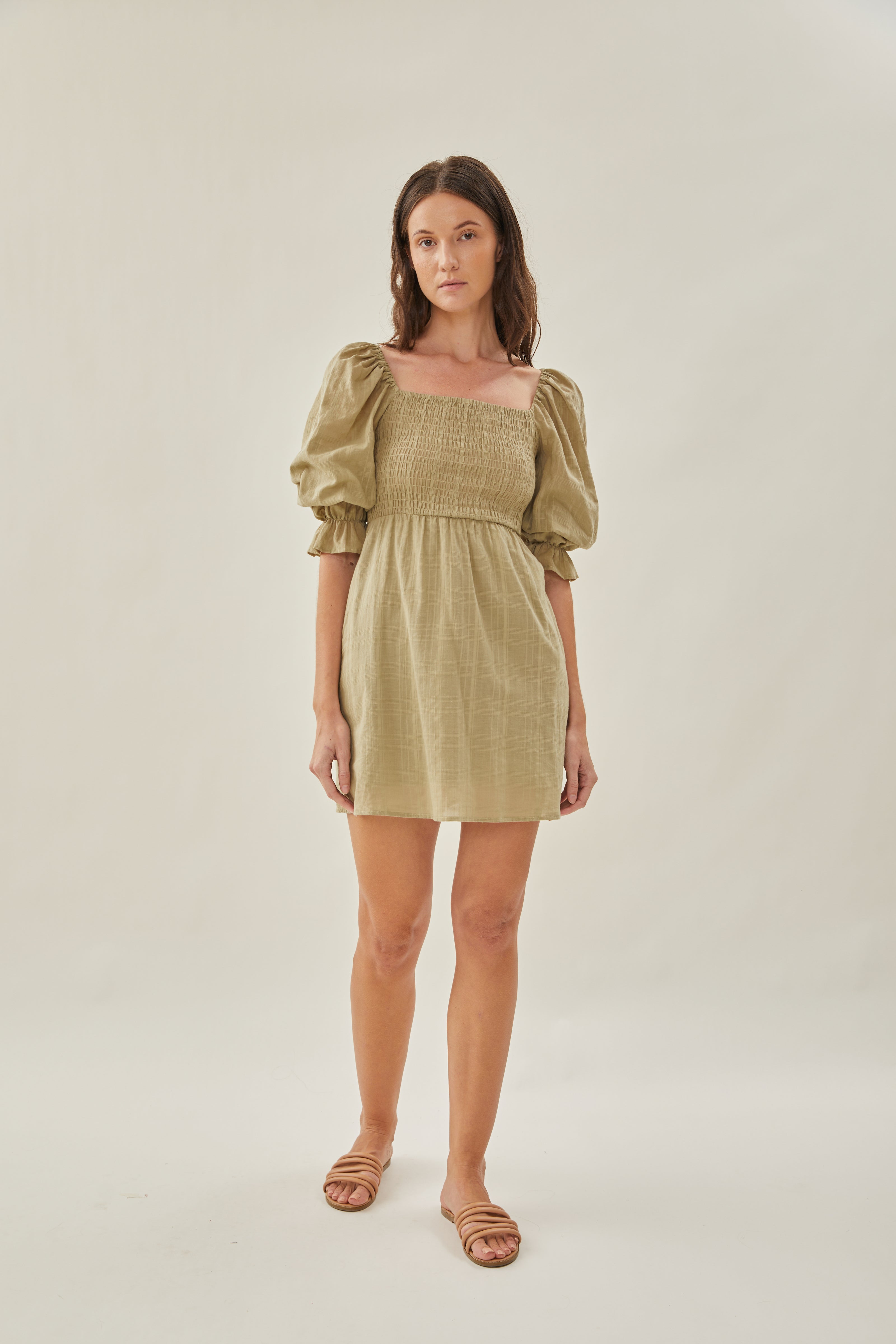 Textured Cotton Shirred Mini Dress in Muted Moss