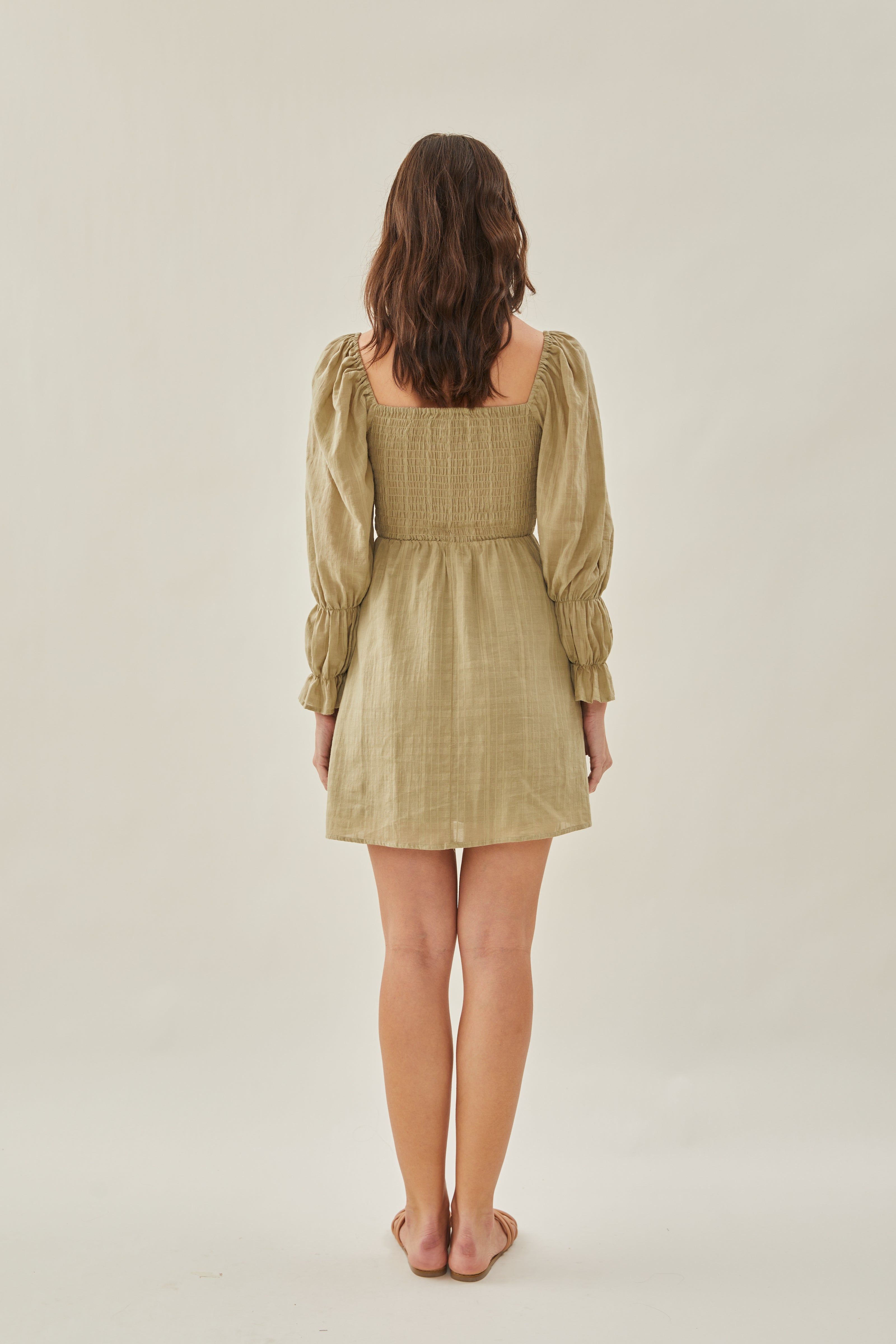 Textured Cotton Shirred Mini Dress in Muted Moss