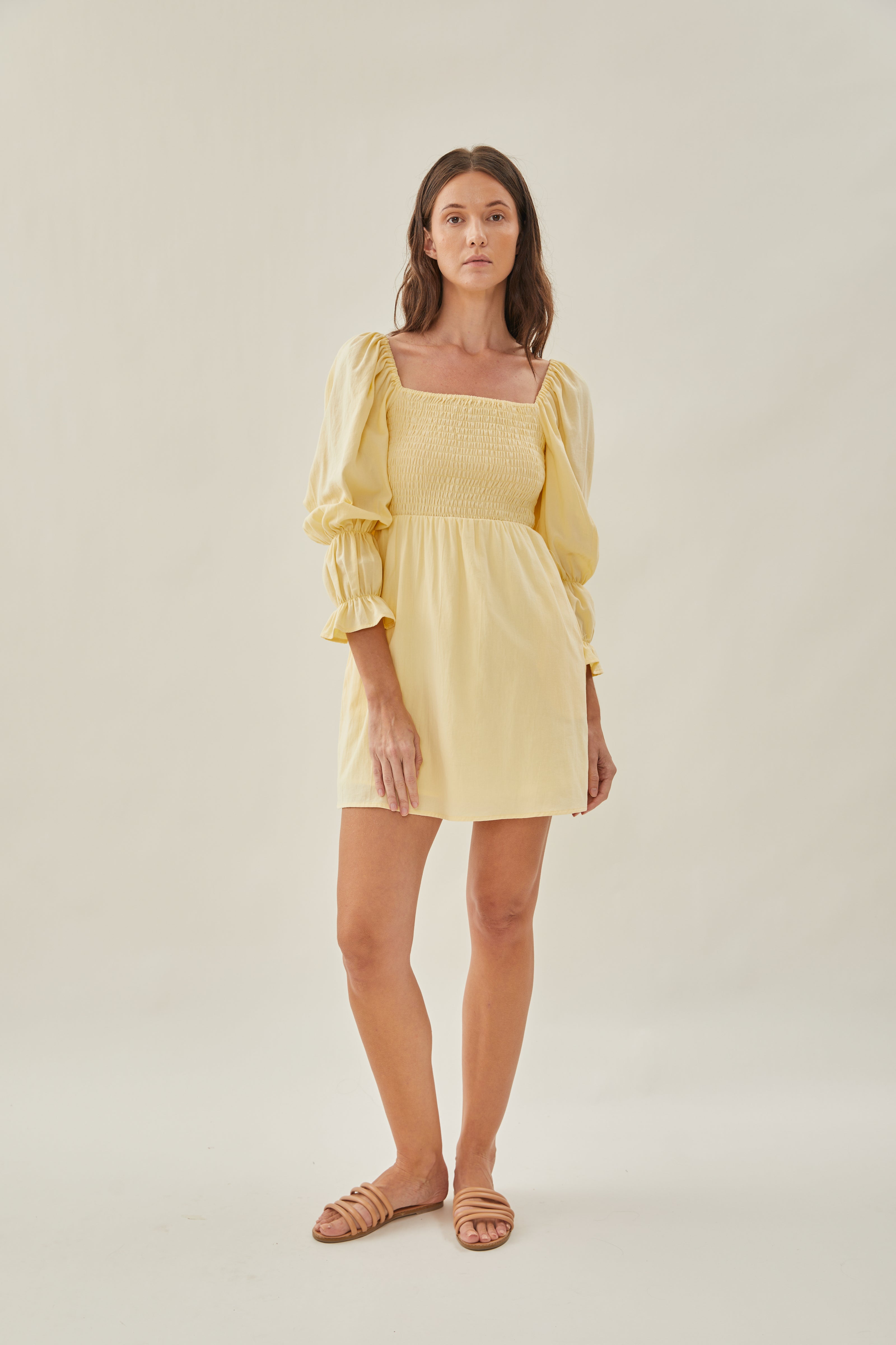 Cotton Shirred Mini Dress in Soft Yellow