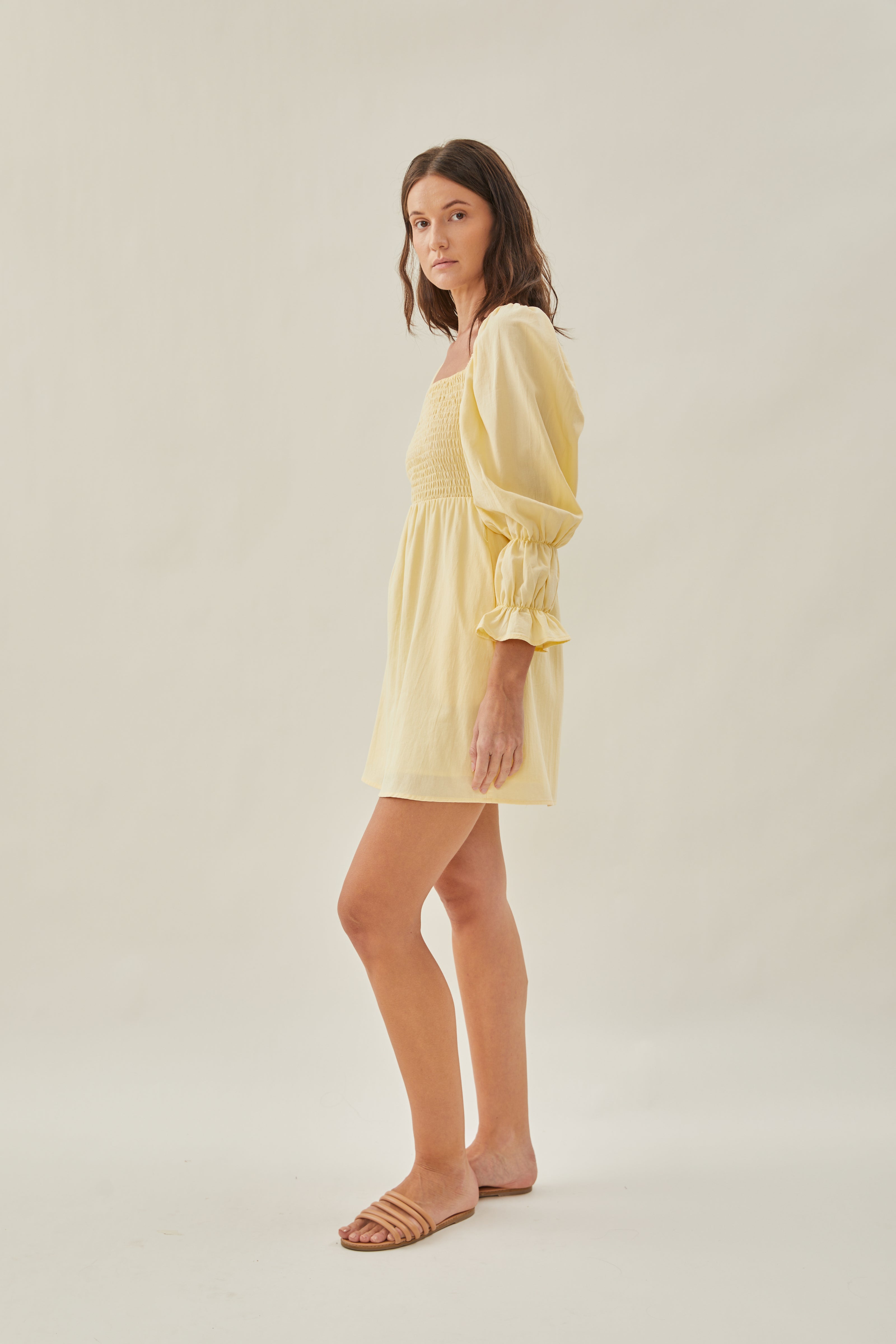 Cotton Shirred Mini Dress in Soft Yellow