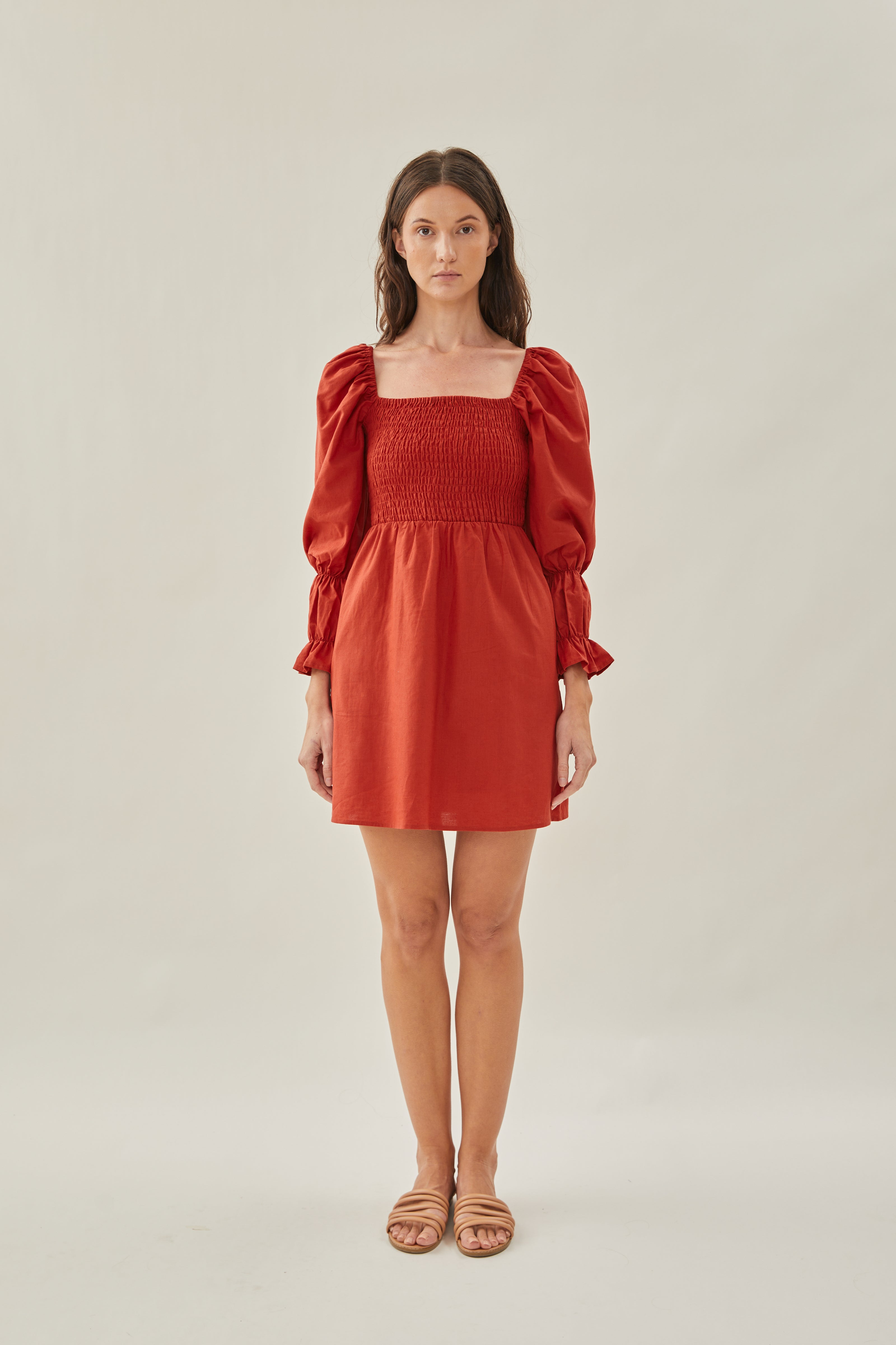 Linen Shirred Mini Dress in Poppy Red