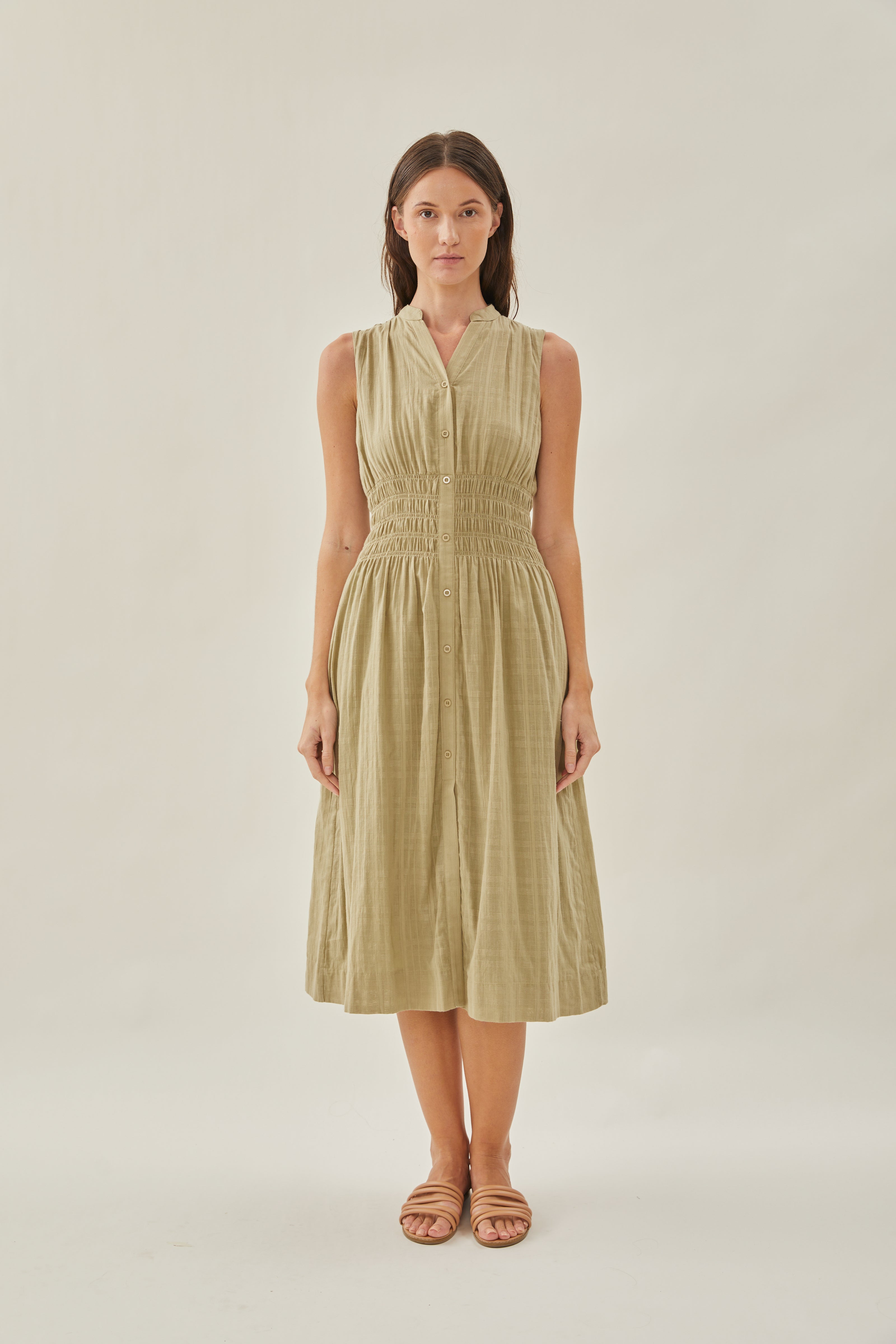 Buttoned-down Shirred Midi Dress in Muted Moss
