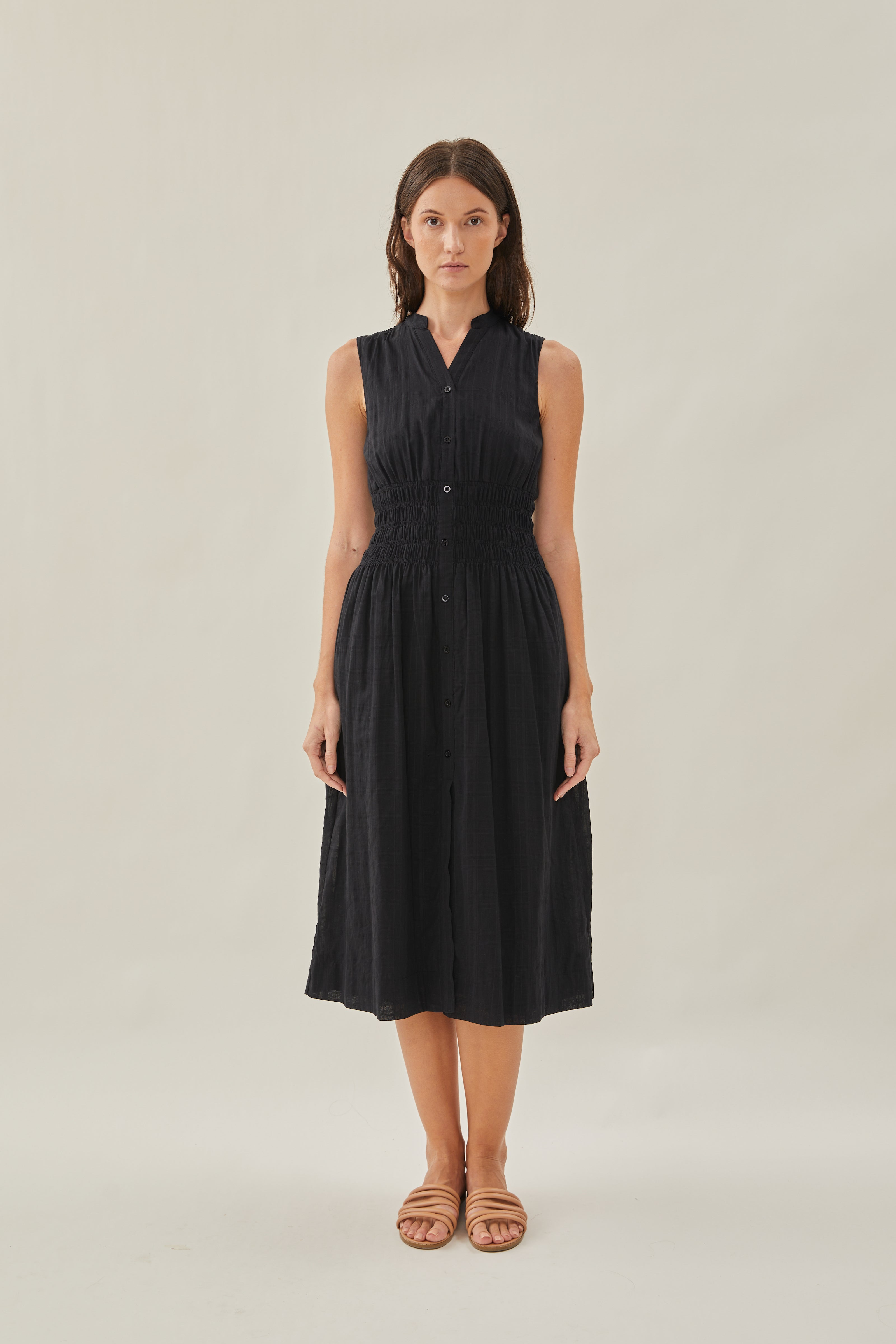 Buttoned-down Shirred Midi Dress in Black