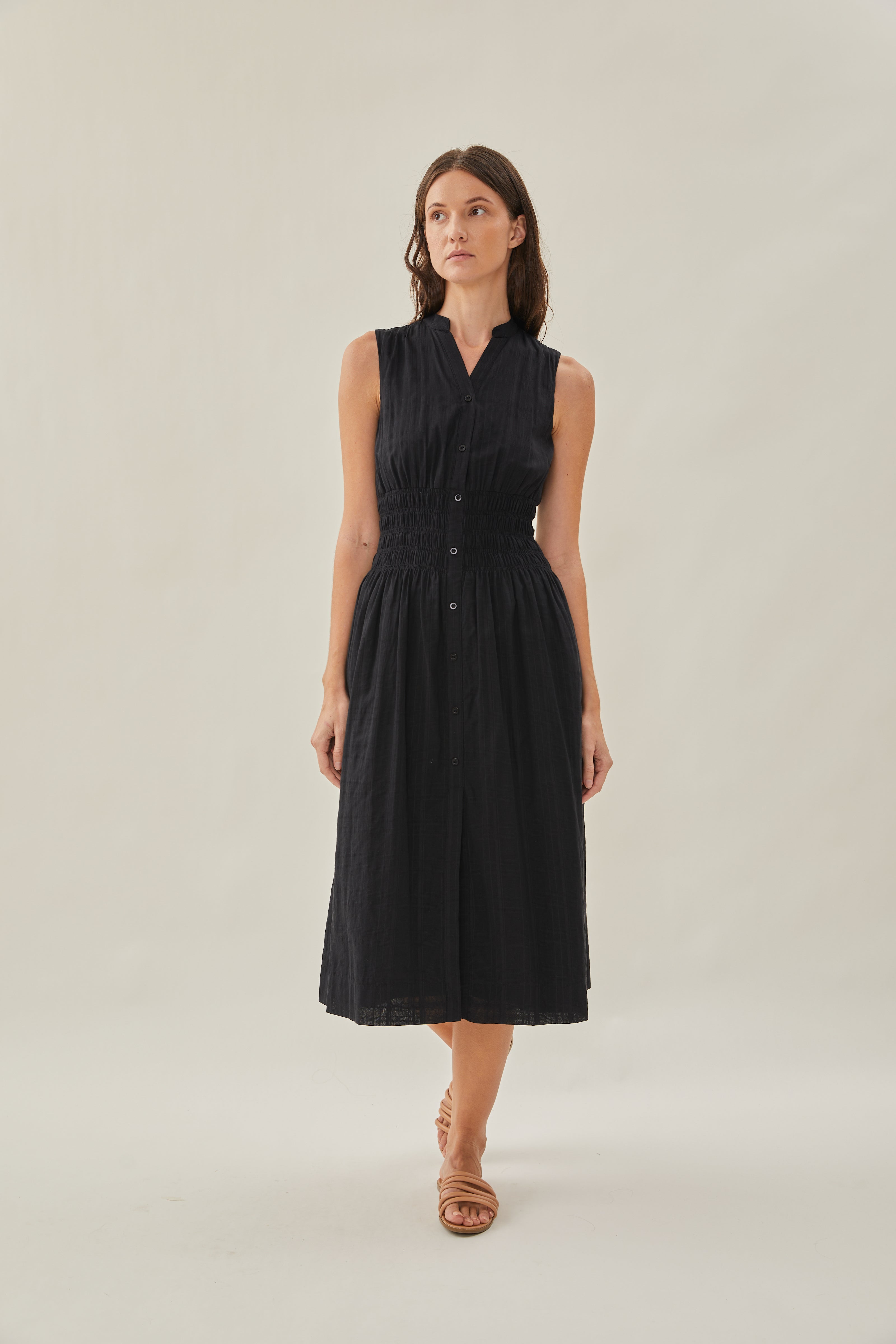 Buttoned-down Shirred Midi Dress in Black