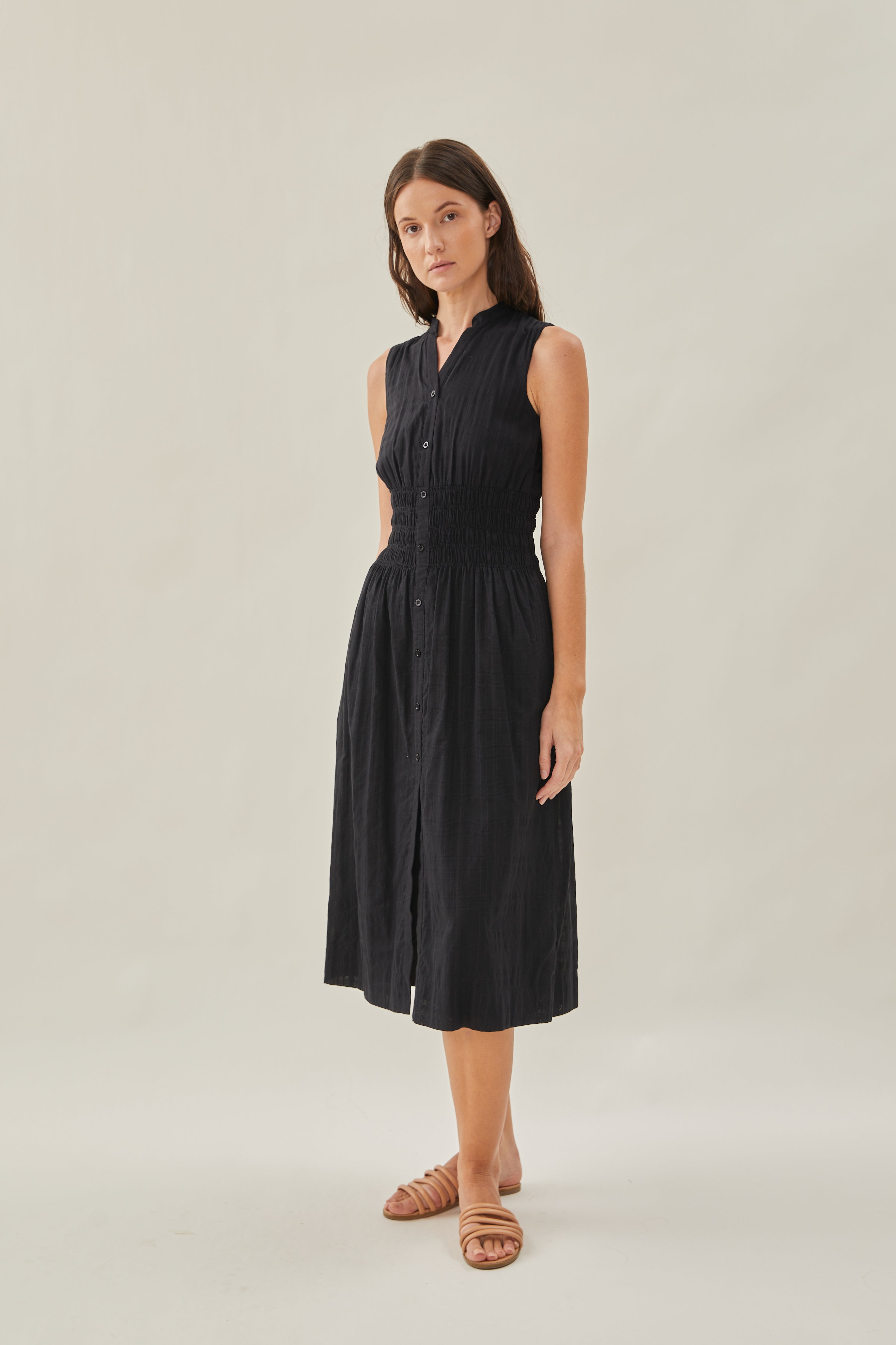 Buttoned-down Shirred Midi Dress in Black