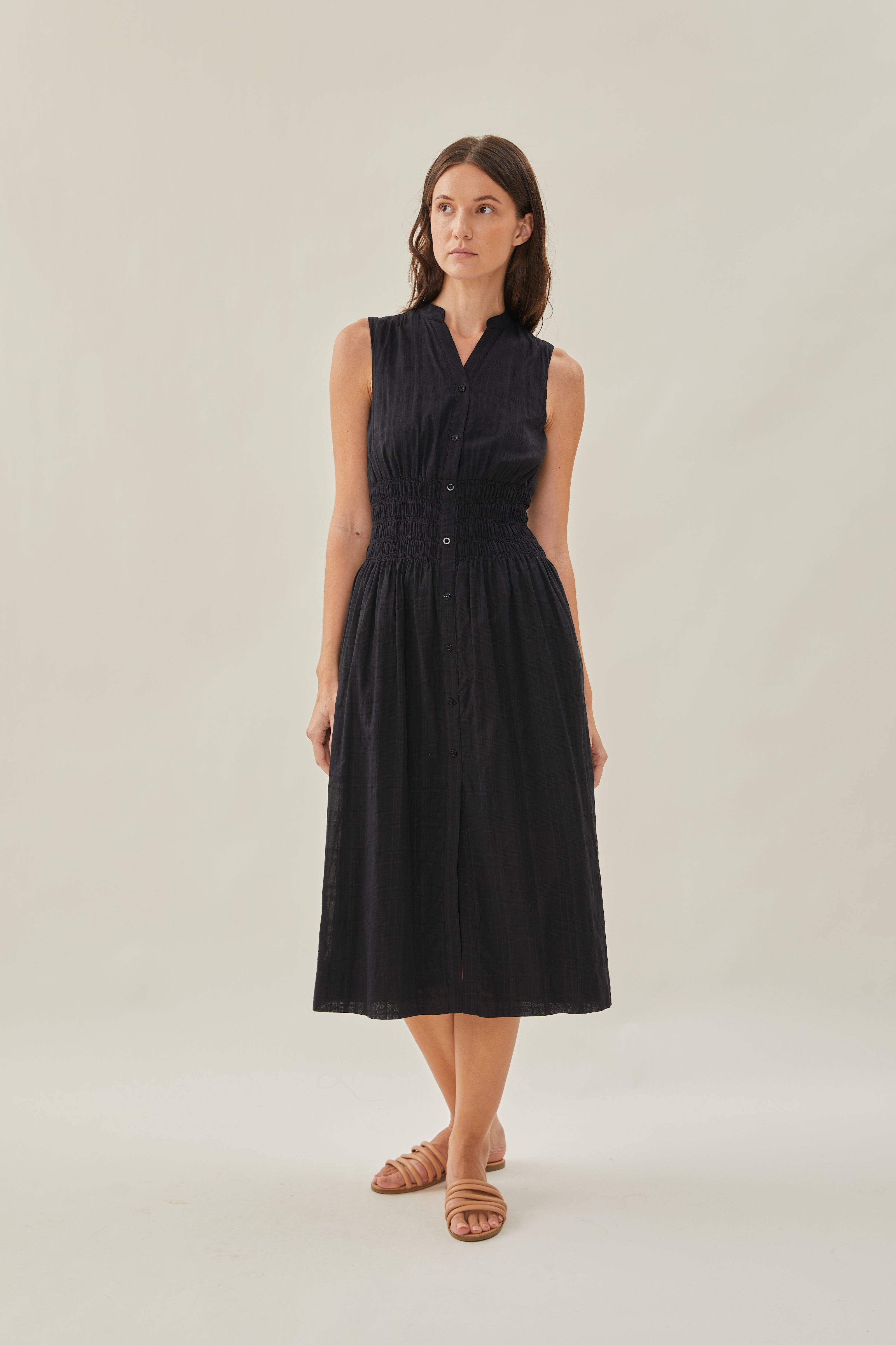 Buttoned-down Shirred Midi Dress in Black