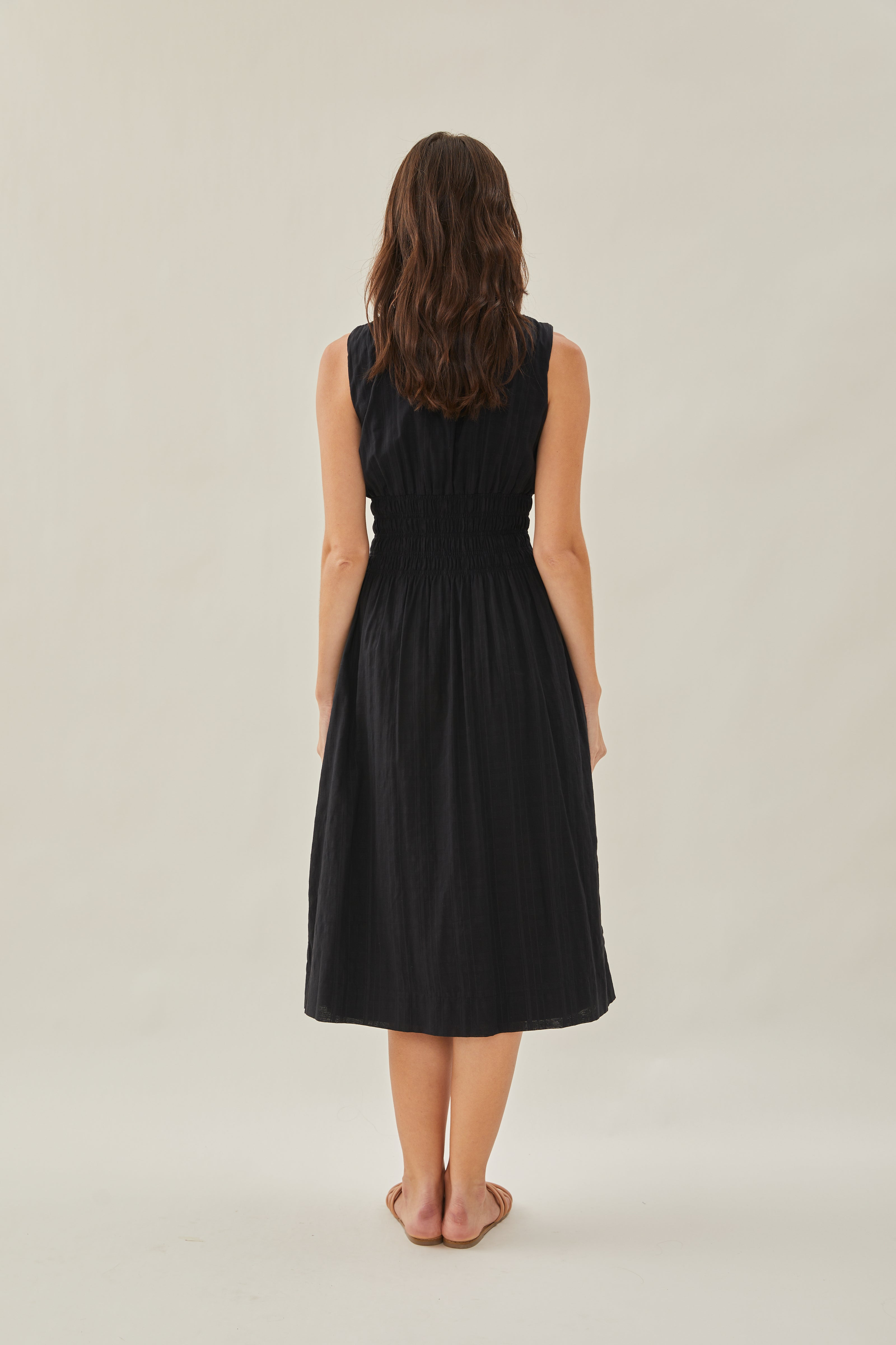 Buttoned-down Shirred Midi Dress in Black