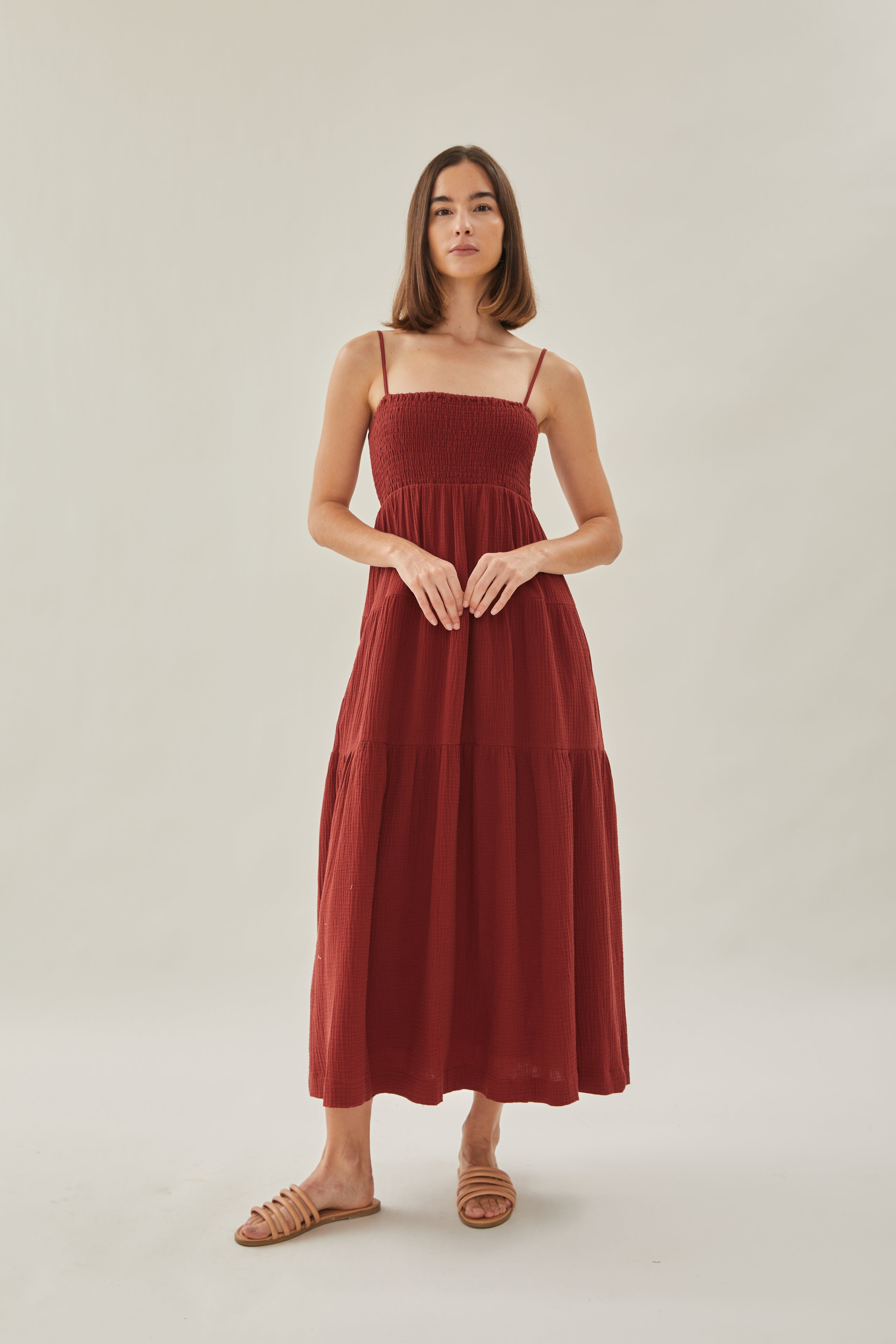 Shirred Maxi Dress in Cherry Red